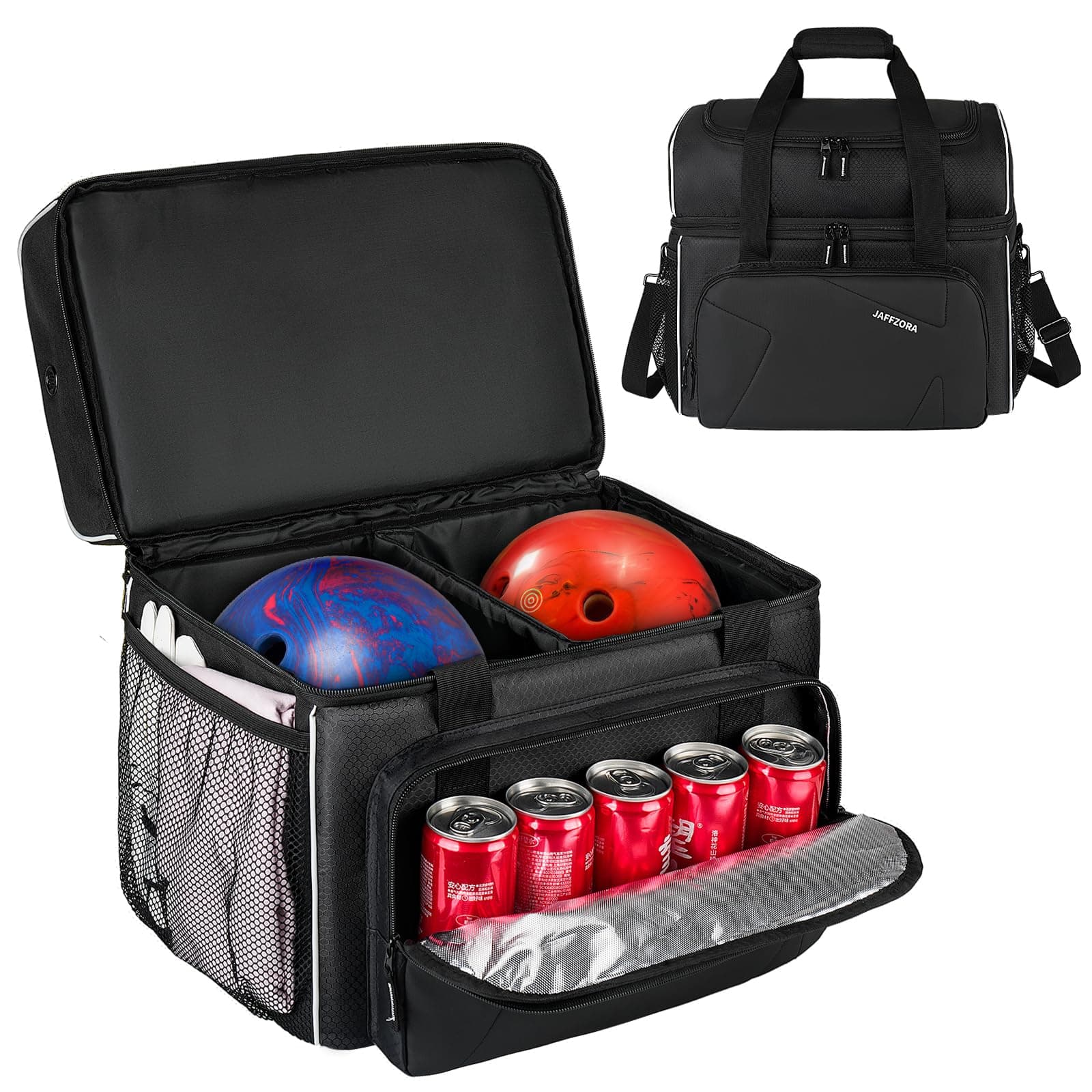JaffzoraBowling Ball Bag, 2 Balls Bowling Bag with Ball Holder, Fits a Single Pair of Bowling Shoes Up to Size 16 for Men, Black