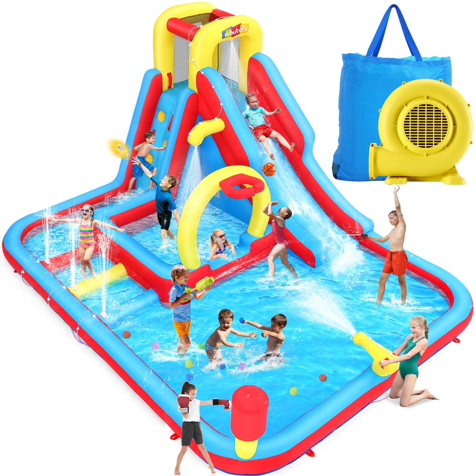 WhubefyInflatable Water Slide Obstacle Course for Kids Backyard Blow Up Water Park with 3 Interactive Aqua Hurdles, Deep Pool with Sprinkler, Long Slide Large Splash Pool, Arch with Basketball Hoop