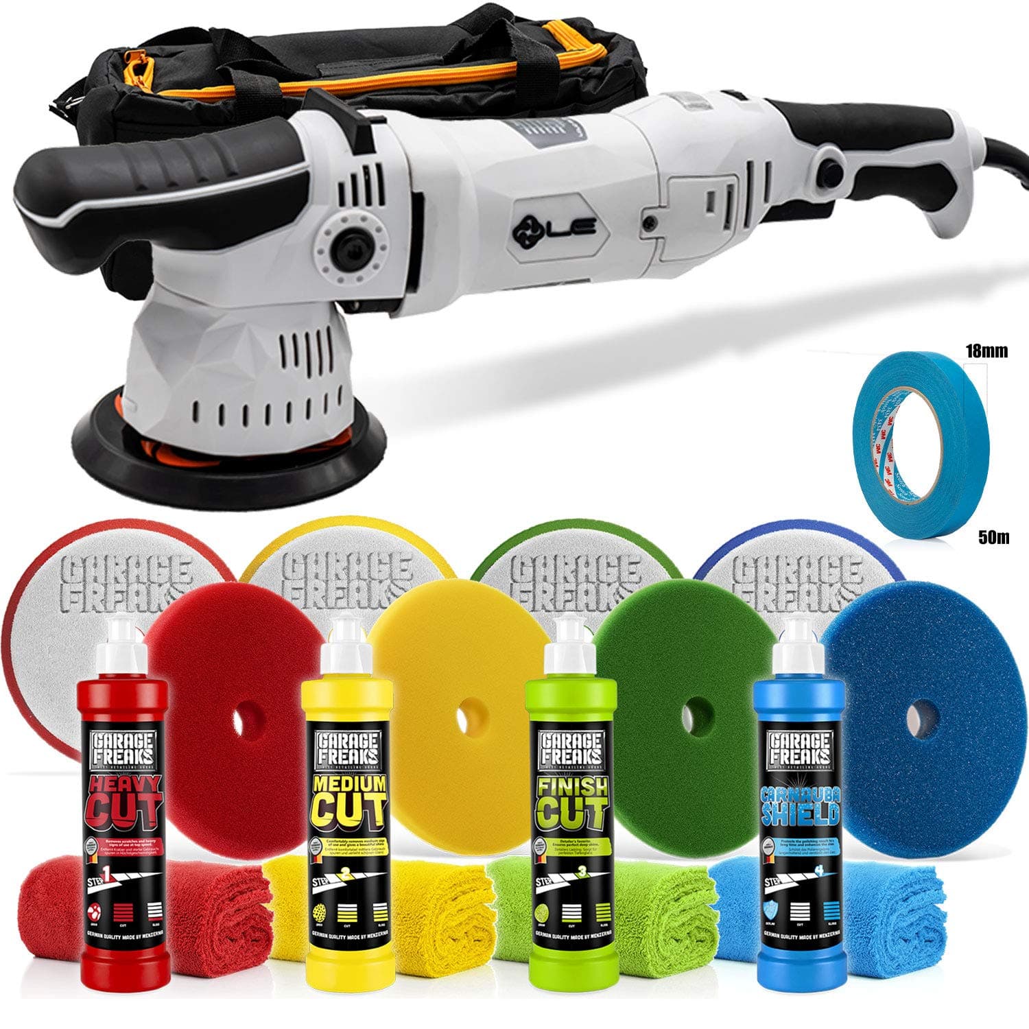 Garage Freaks Liquid Elements Polish Set: Liquid Elements T3000 V3 Eccentric Polishing Machine + 3M Masking Tape 18 mm + 4 Polishes 250 ml + 4 Pads 150 mm + 4 Microfibre Cloths
