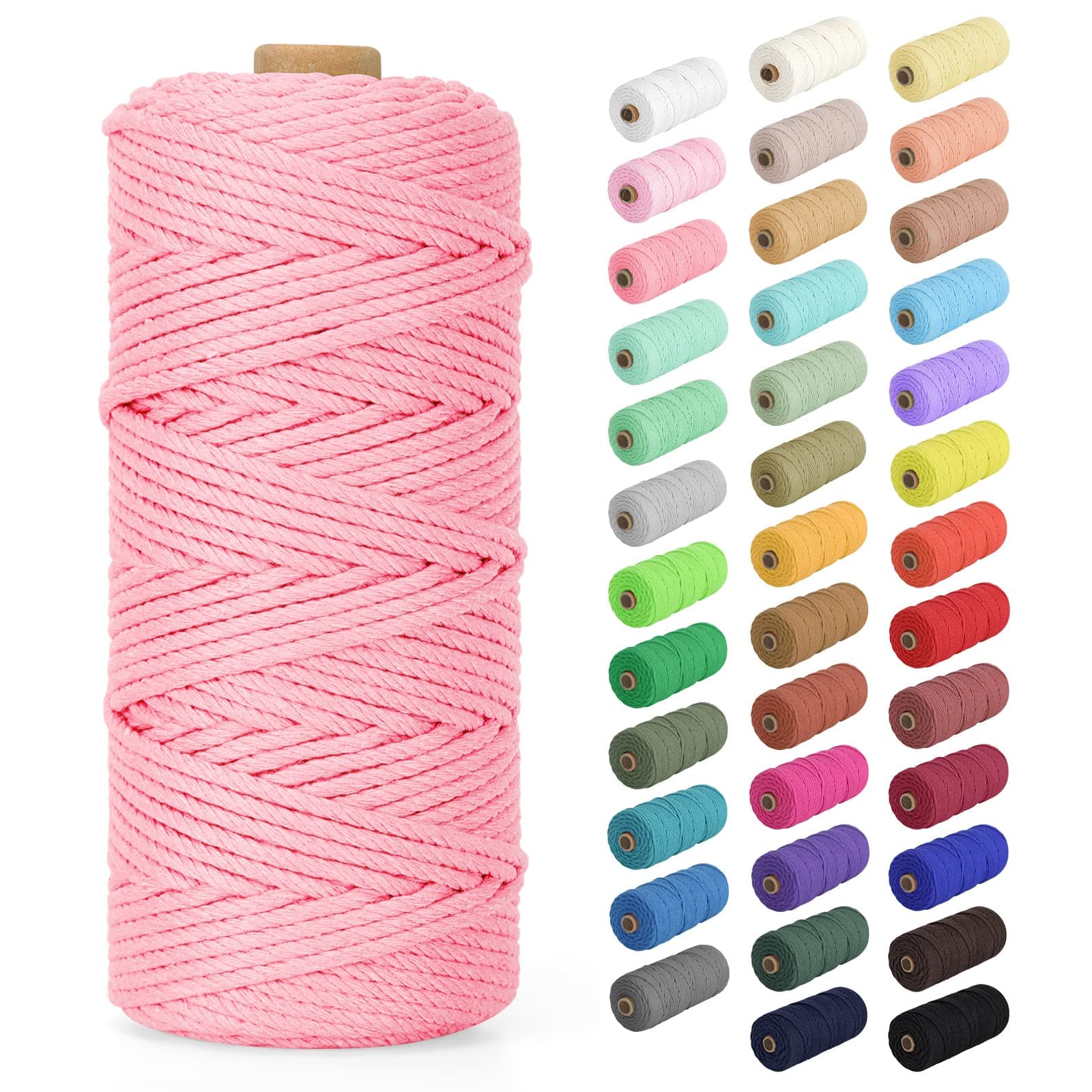 Macrame Cord 3mm x 109Yards (328Feet), Natural Cotton Macrame Rope - 4 Strands Twisted Macrame Cotton Cord for Wall Hanging, Plant Hangers, Crafts, Gift Wrapping and Wedding Decorations, Dark Pink