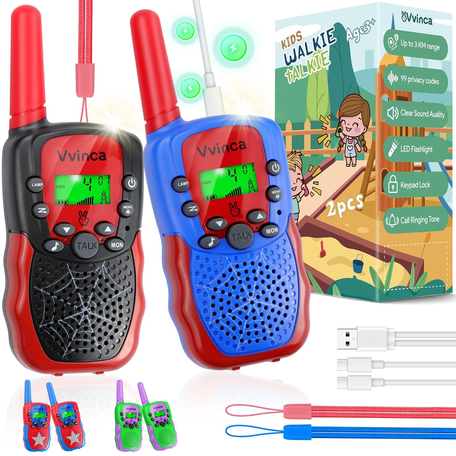 Walkie Talkies for Kids Rechargeable, Spider Toys for Ages 3 4 5 6 7 8 9 10 Boys Girls Christmas Birthday Gifts for 3-12 Year Old, 2 Way Radio 22 CH VOX Long Range Walkie Talkie with Flashlight