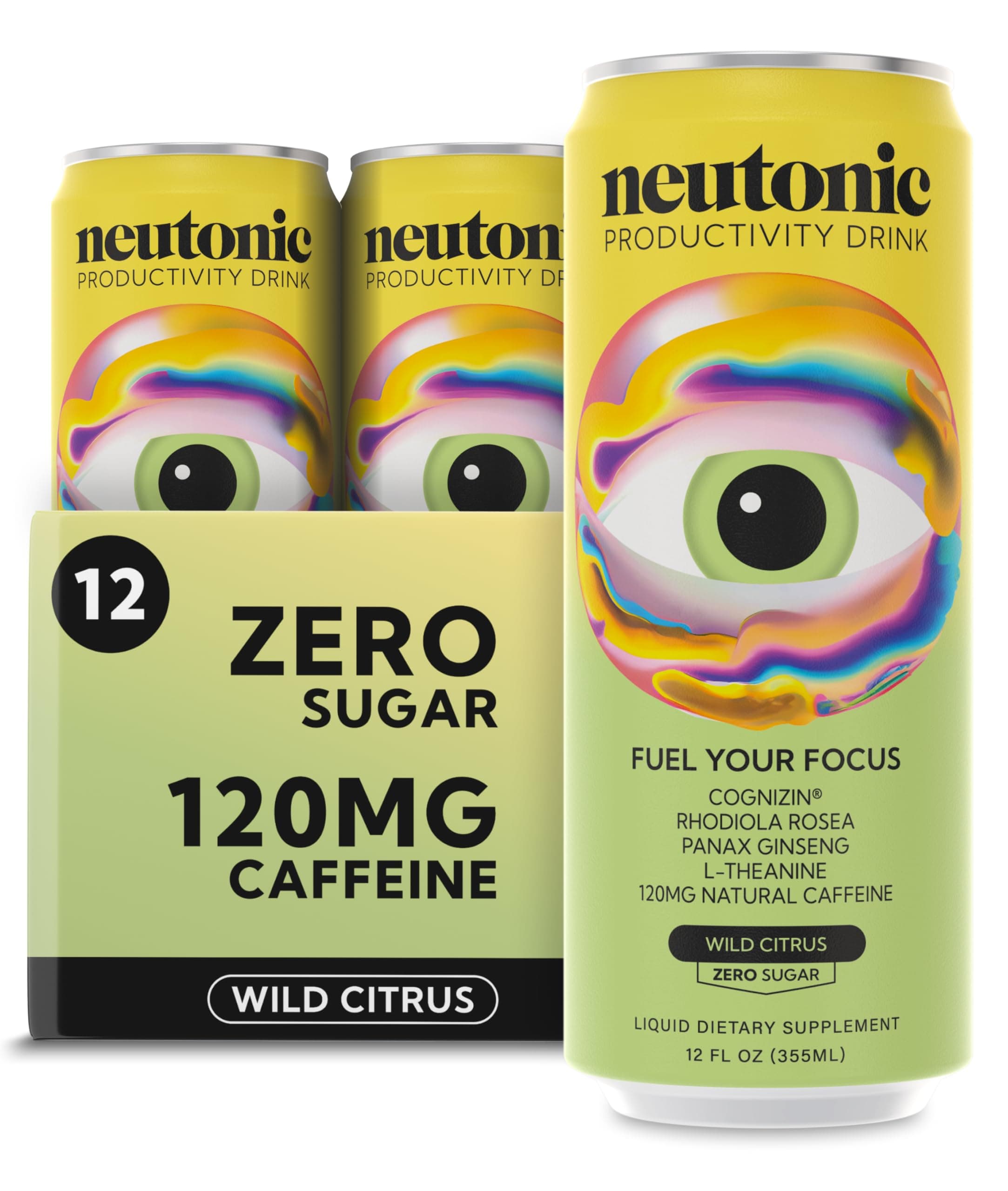Neutonic Productivity Energy Drink, Boost Focus and Energy, Sugar Free, Science Backed Formula | 355 ML (12 cans) - Wild Citrus