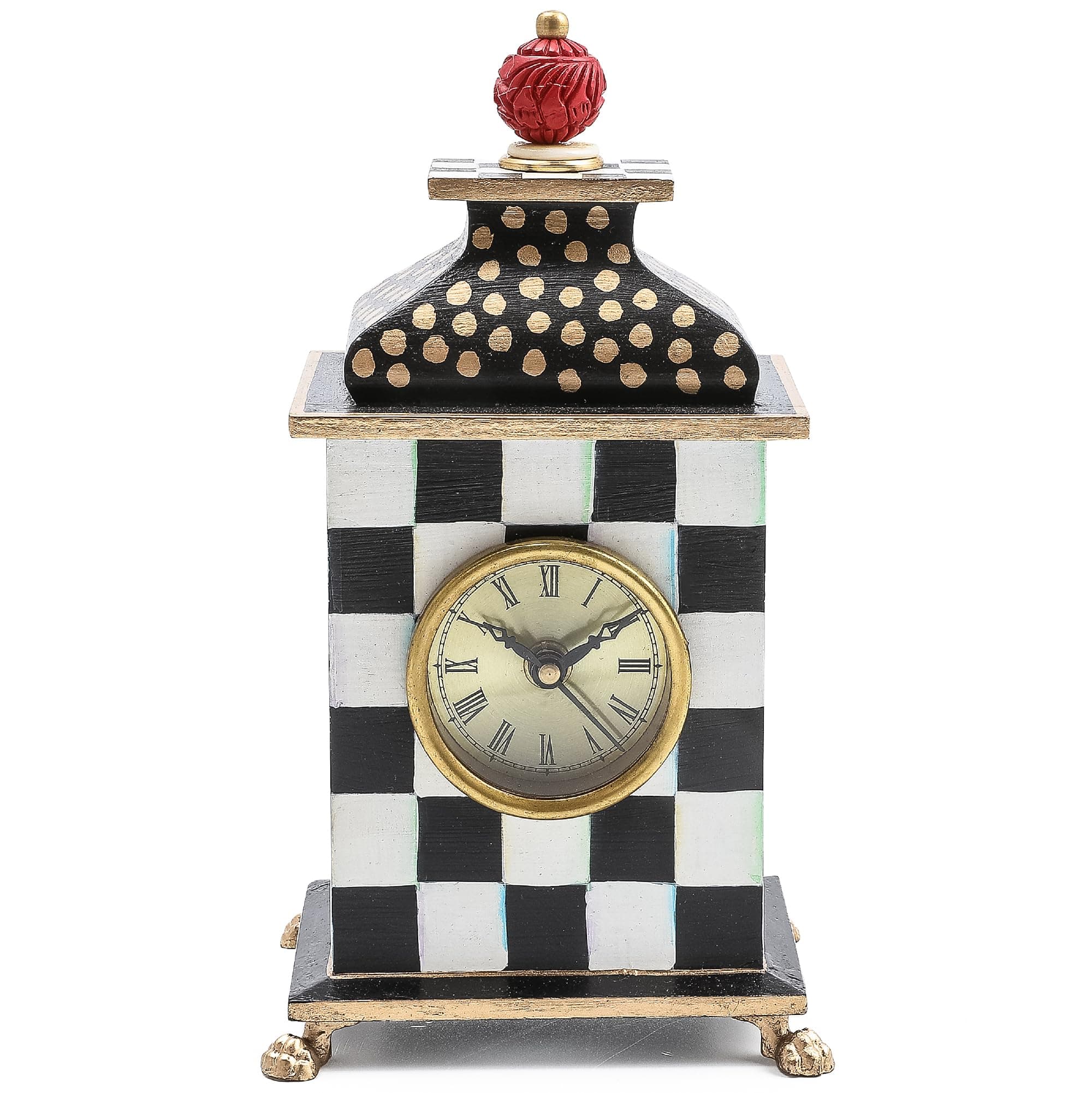 MACKENZIE-CHILDS Desk Clock, Decorative Wood Clock for Kitchen and Living Room, Black-and-White Courtly Check
