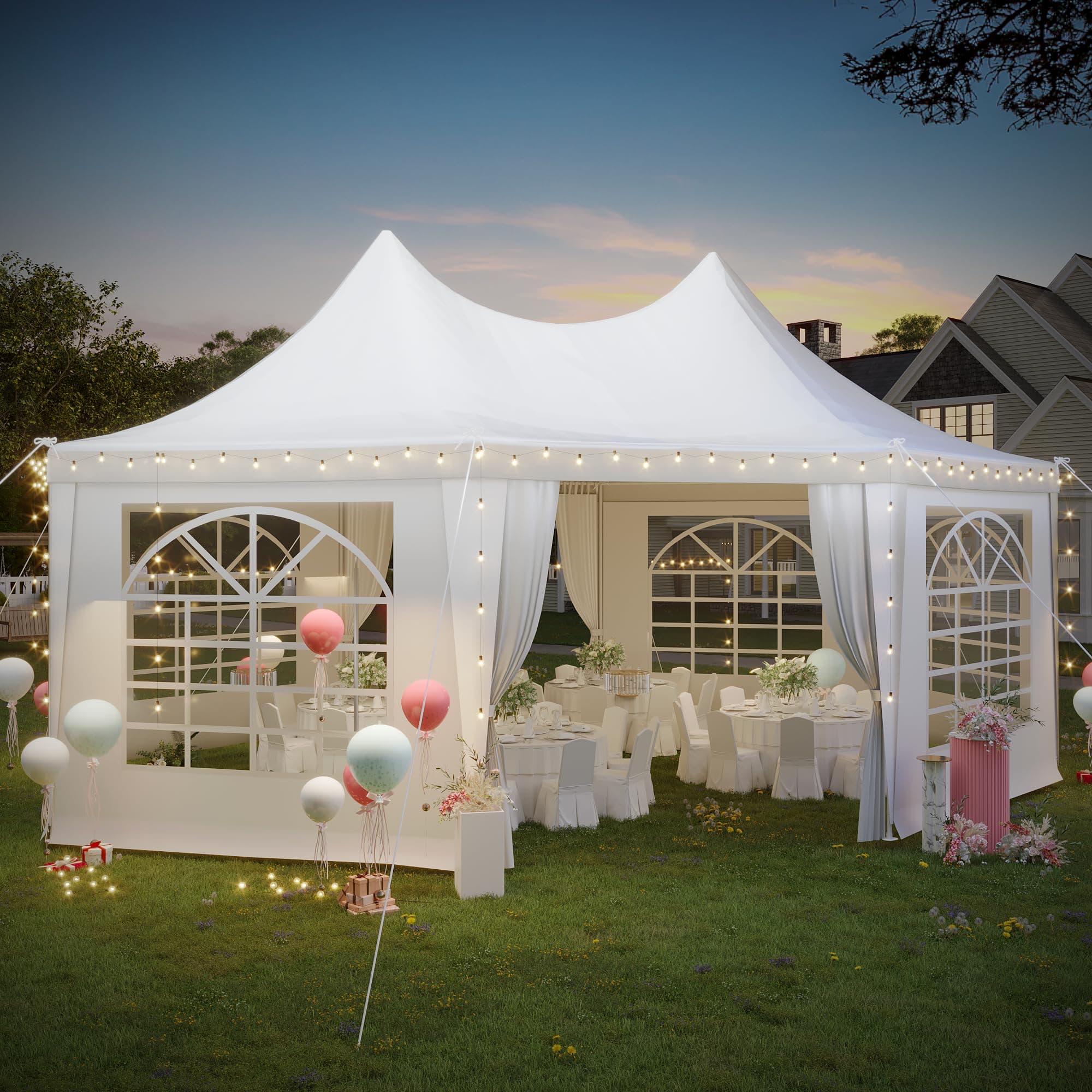 EROMMY 20x15ft Party Tent, White Wedding, Octagonal Heavy Duty Canopy with 6 Removable Sidewalls, 6 Church Windows and 2 Pull-Back Doors, Outdoor Gazebo Pavilion Shelter for Party, Event