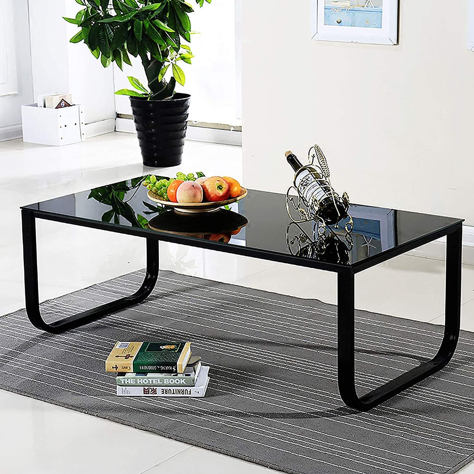 OFCASA Glass Coffee Table with metal legs