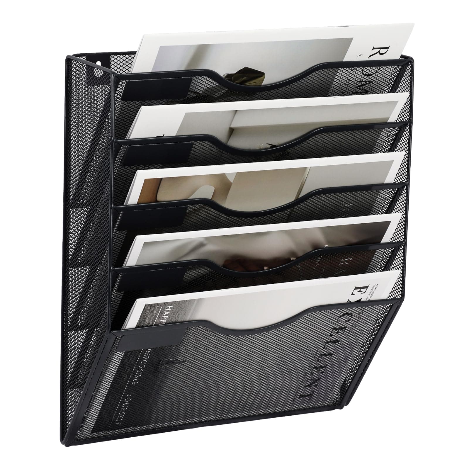 EASEPRES 5 Pocket Mesh Hanging Wall File Organizer, Wall Mounted Mail Paper Document Folder Holder, Clipboard Storage Organization Magazine Rack with Nametag Label for Office Home School, Black