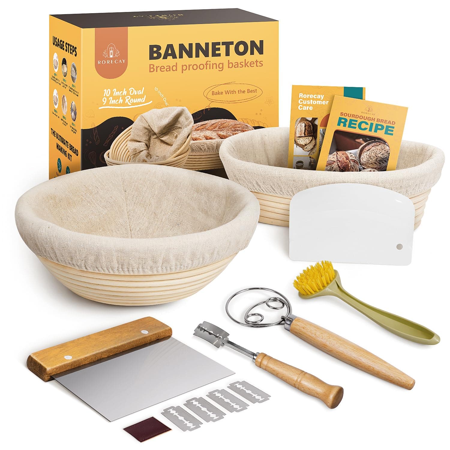 Banneton Bread Proofing Basket Sourdough Bread Baking Supplies, 9 Inch Round + 10 Inch Oval Proofing Bowls with Dough Whisk Bread Lame Dough Scraper Bread Making Tools and Accessories Set