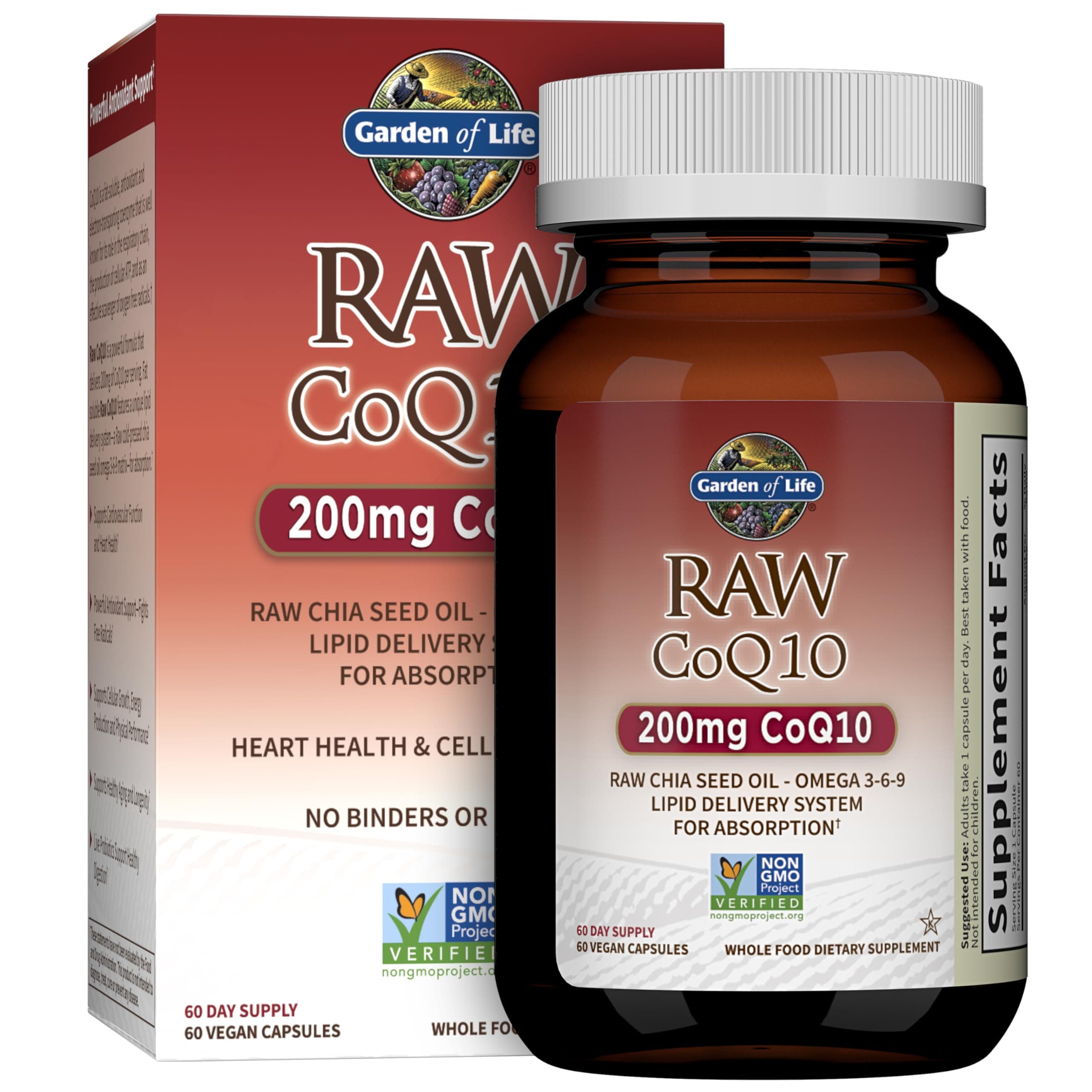 CoQ10 200mg, Vegetarian Omega 3 6 9 Supplement Raw Co Q 10 Chia Seed Oil, Whole Food Nutrition with Antioxidant Support, Coenzyme q10 Supplement for Heart Health, 60 Capsules