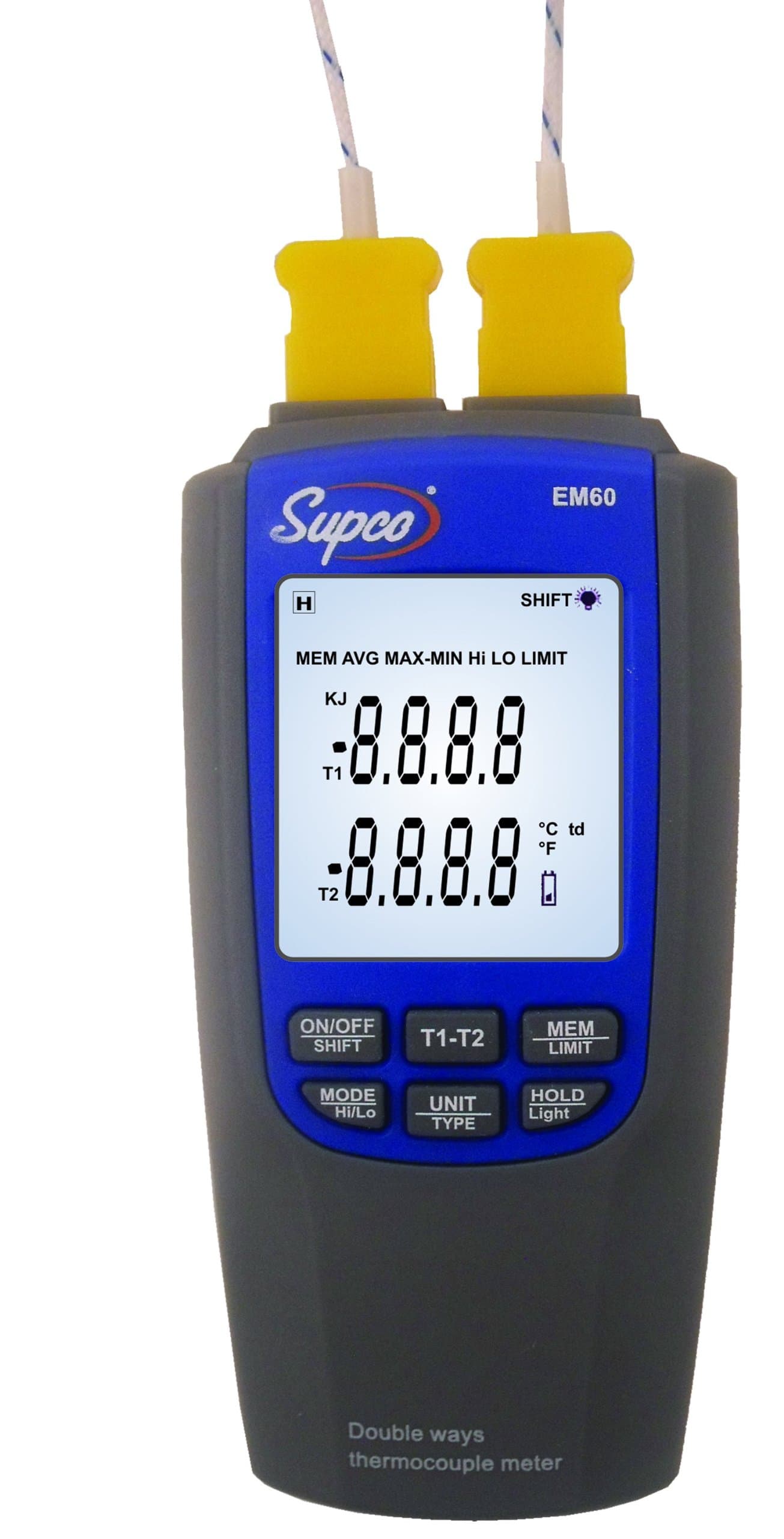 SupcoEM60 Dual-Channel Differential Digital Thermocouple Thermometer with Probes, -200 to 1300 Degrees C, -328 to 2372 Degrees F, Accuracy of + or - 0.1% of reading + 0.7 Degree C