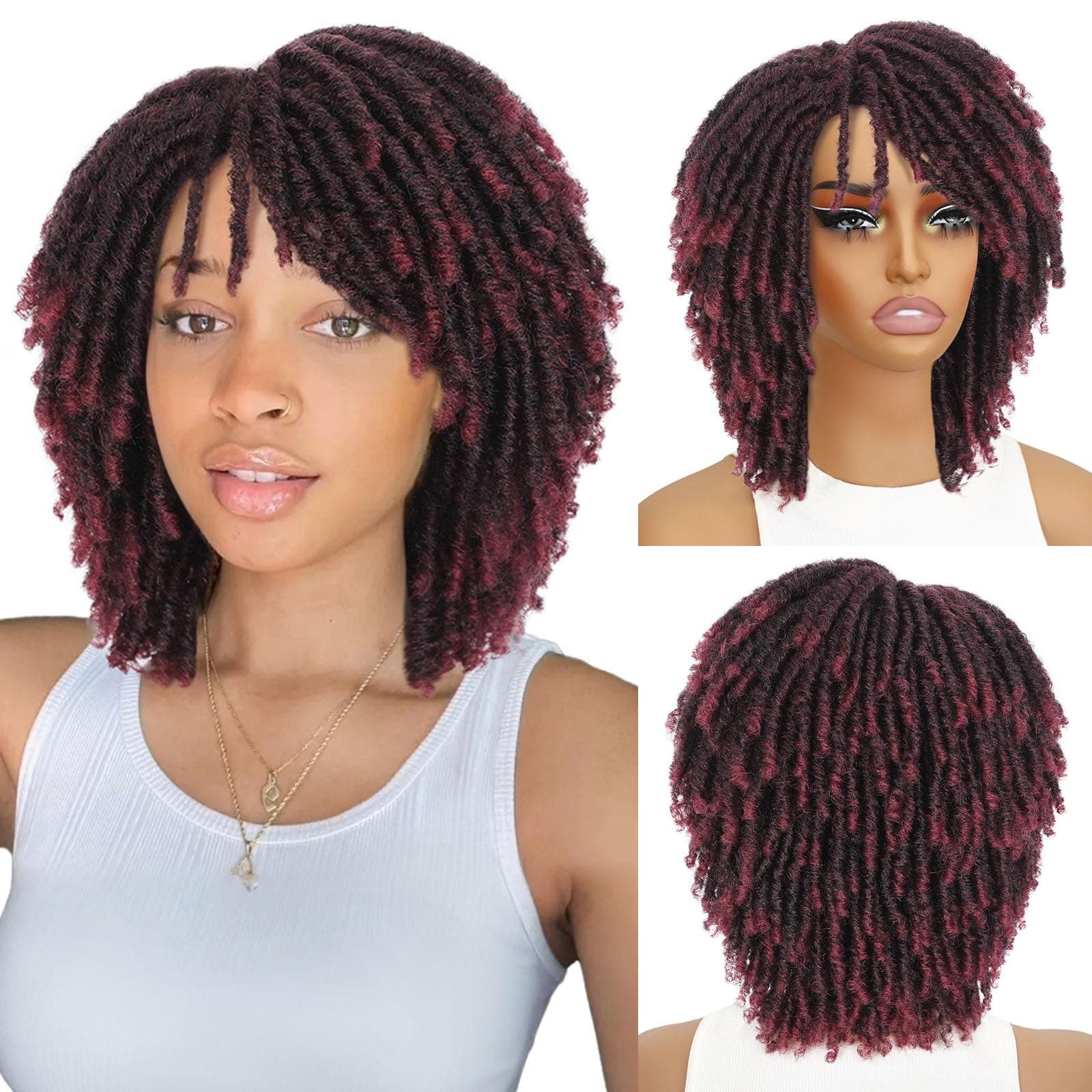 HANNE Dreadlock Wig Short Twist Wigs for Black Women and Men Afro Curly Synthetic Wig (T1B/Burgundy)