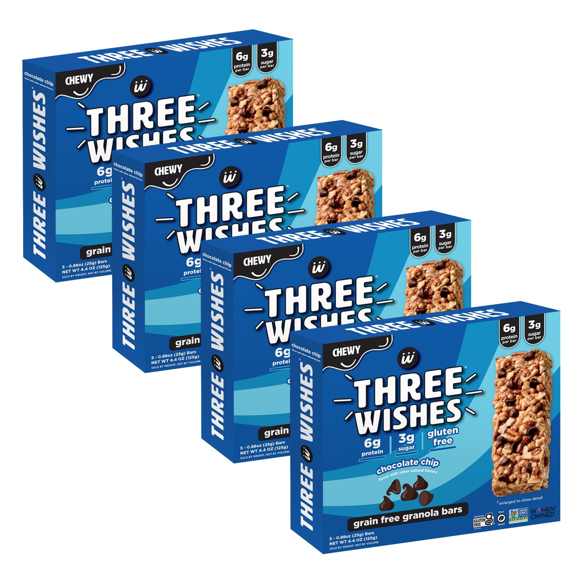 Chewy Granola Bars, Chocolate Chip (4-Pack) - Gluten & Grain-Free Soft Snack Food Bar with 6g Protein, 3g Sugar - Healthy Breakfast & On-the-Go Cereal Snack - Vegan & Kosher