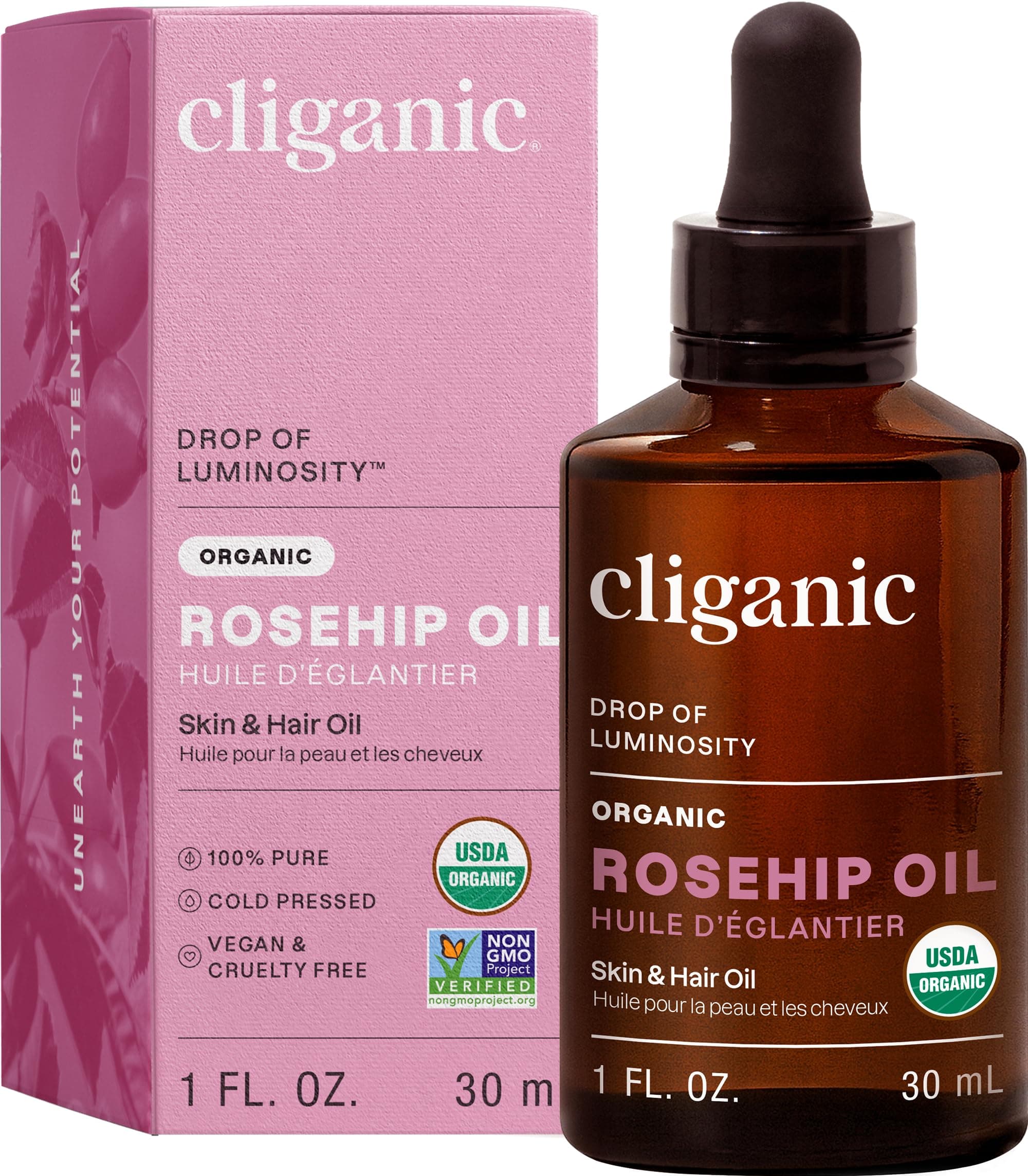 USDA Organic Rosehip Seed Oil for Face, 100% Pure | Natural Cold Pressed Unrefined Hexane-Free | Base Carrier Oil for Skin, Hair & Nails | Certified Organic, 1oz | Cliganic 90 Days Warranty