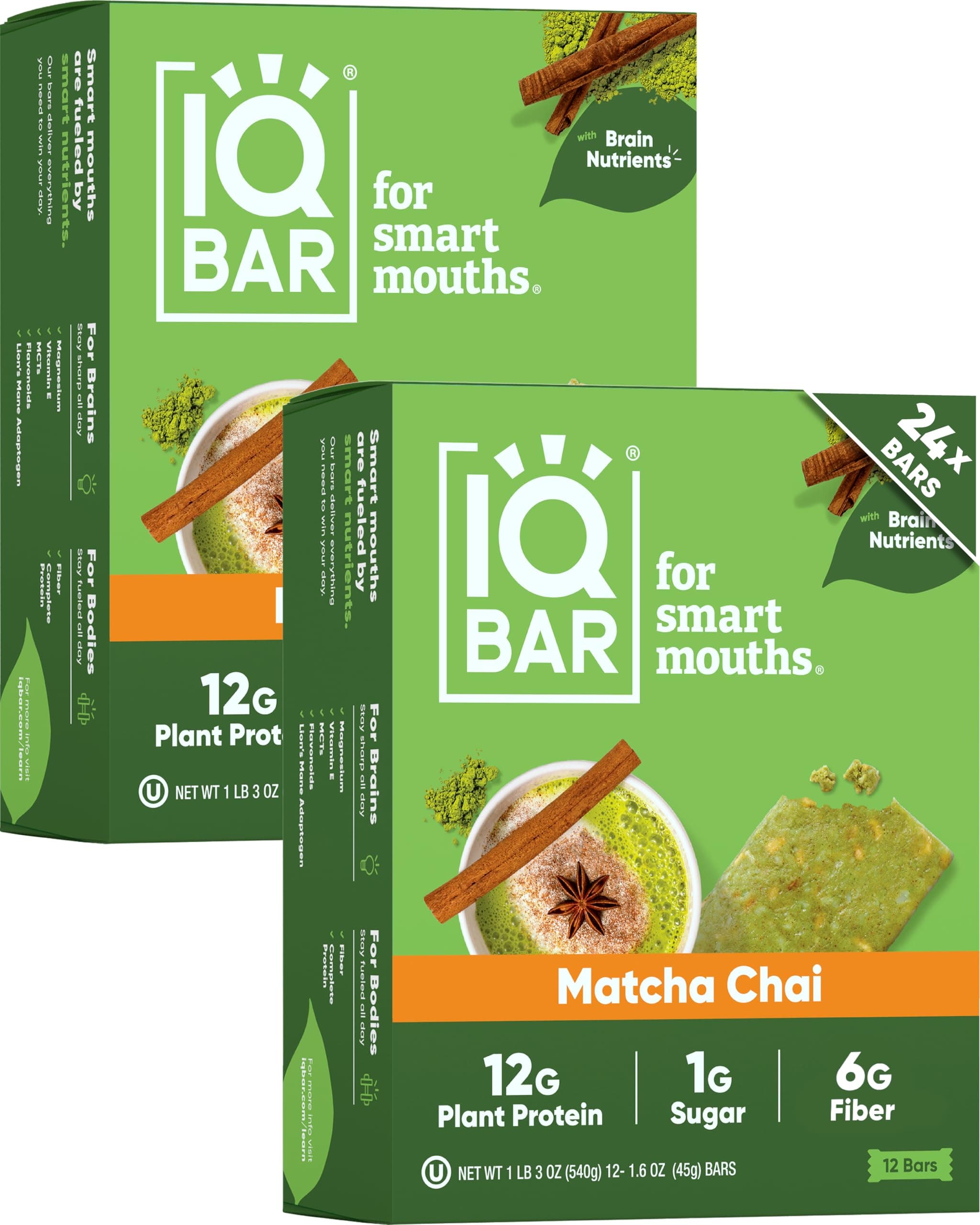 IQ BAR Brain and Body Plant Protein s - Matcha Chai - 24 Count, Low Carb, High Fiber, Gluten Free, Healthy Vegan Snacks - Low Sugar Keto Pack