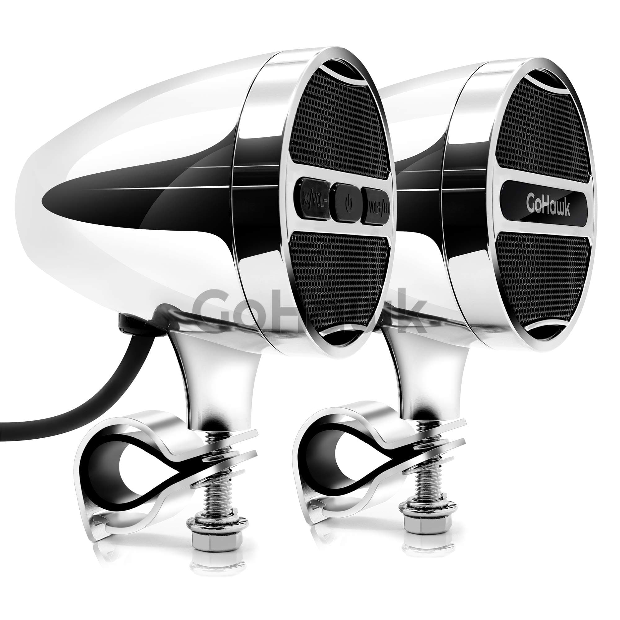 GoHawk AN3-A [Gen. 2] All-In-One 3" Aluminum Waterproof Bluetooth Motorcycle Stereo Speakers 7/8 - 1.25 in. Handlebar Mount Music Player Audio Amp System w/ USB Read & Charge, FM Radio, Chrome