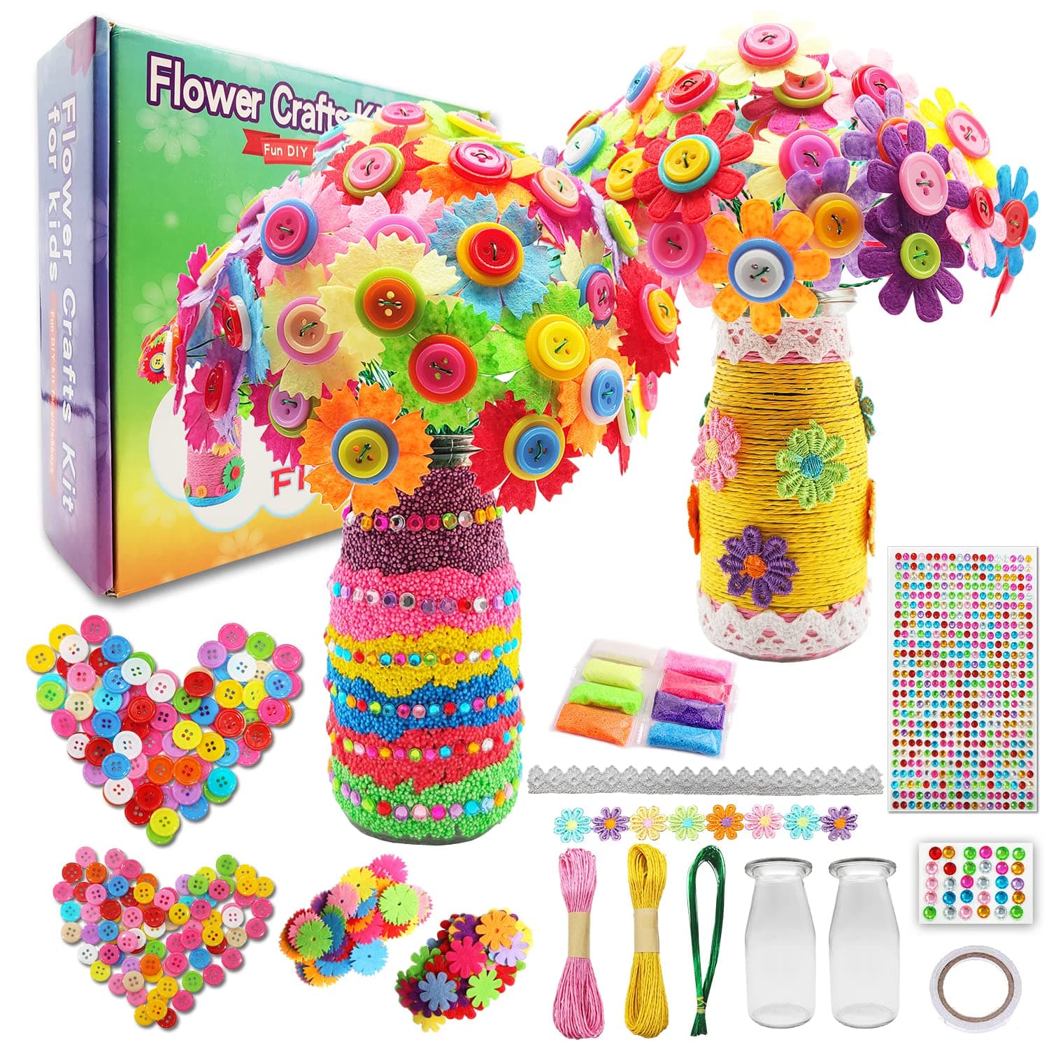 Crafts for Girls Ages 4-12 Make Your Own Flower Bouquet with Buttons and Felt Flowers, Vase Art and Craft for Children - DIY Activity Christmas Birthday Gift for Girls Age 6 7 8 9 10 11 12 Year Old