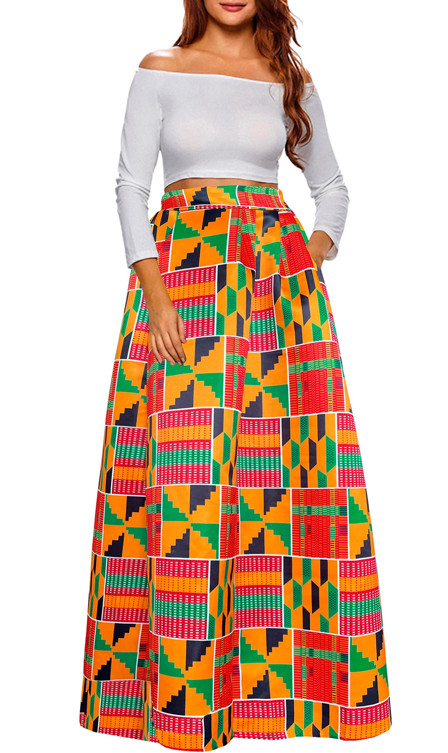 AfibiWomen African Printed Maxi Skirt Flared Skirt A Line Long Skirts with Pockets S-5XL