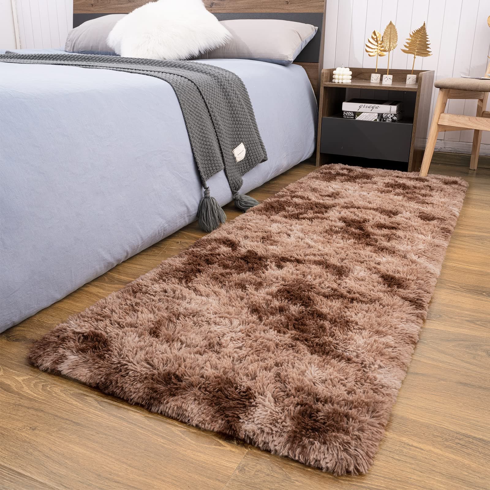 Maxsoft Soft Shaggy Runner Rug for Bedroom, 2x6 Feet Indoor Modern Fluffy Area Rugs Fuzzy Carpet for Hallway Bedside, Upgrade Non-Slip Shag Plush Rug for Dorm Living Room, Tie-Dyed Brown