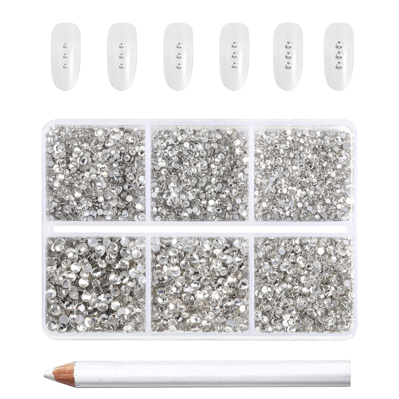 Beadsland 7200 Pcs Flatback Rhinestones for Nails,Clear Round Small Crystal Glass Rhinestones Gems for Crafts,Mixed 6 Sizes with Wax Pencil Kit,SS3-SS10,Crystal