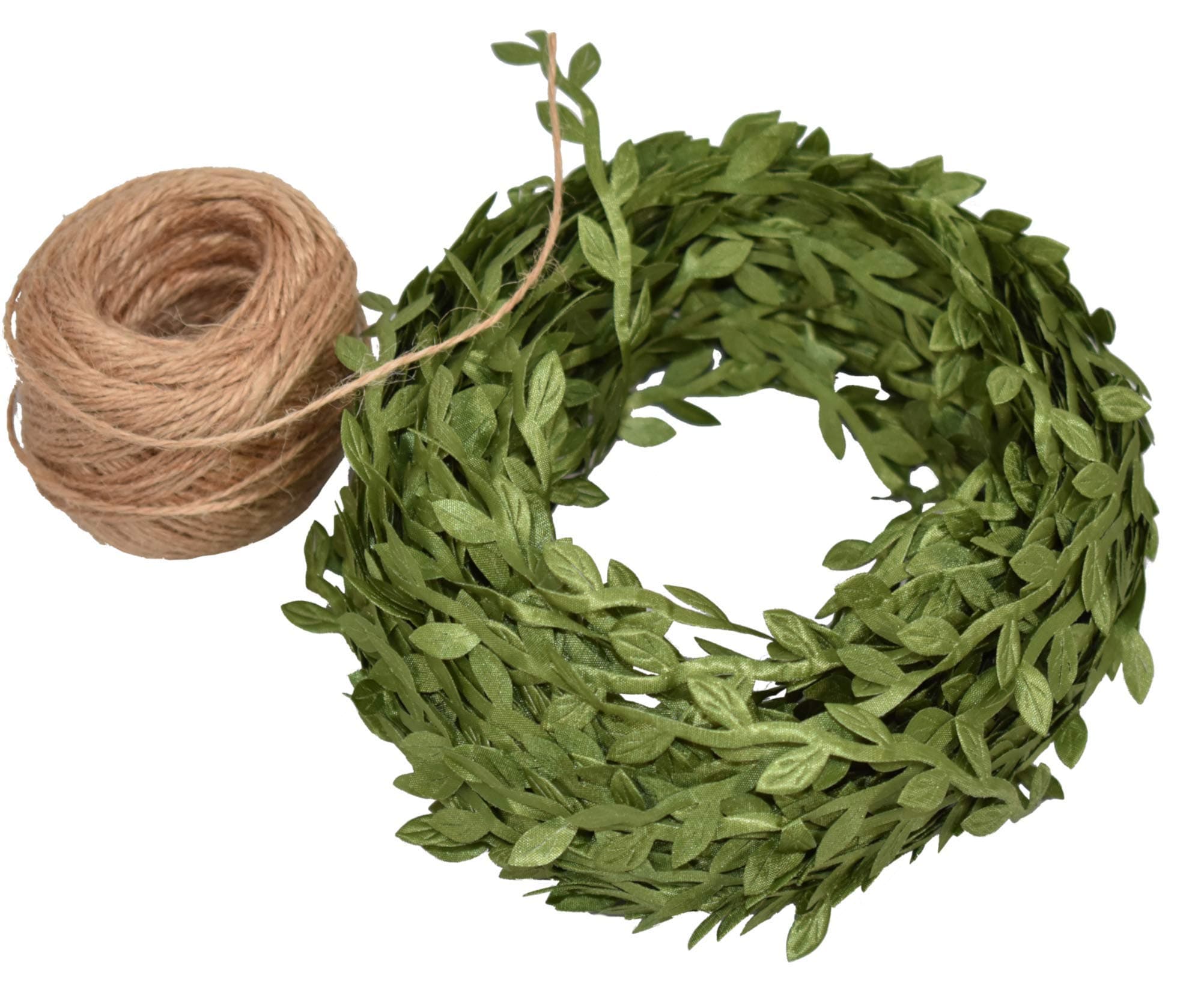 Green Leaf Trim Ribbon Vine, 150 ft Green Artificial Vine Ribbon with Leaves + 330 ft of Natural Jute Twine Packing String Ribbon - for Wedding Greek Garden Party Home Decorative Botanical Greenery