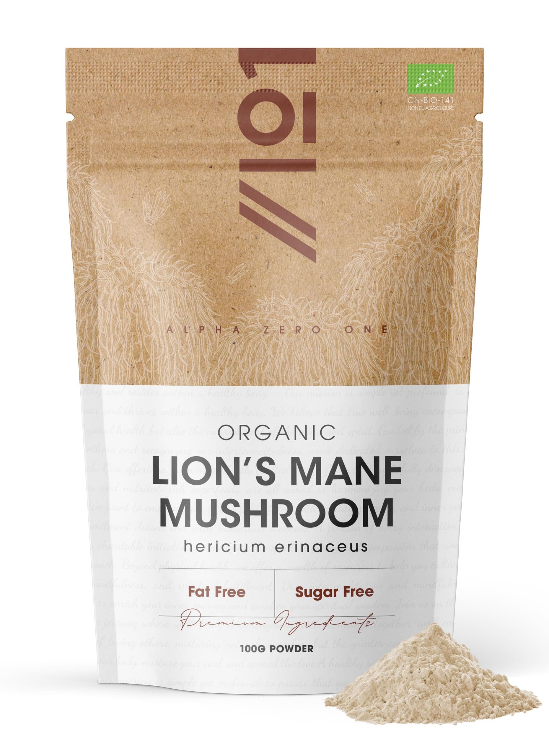 Organic Lions Mane Powder 100g – Pure Hericium Erinaceus Powder – Resealable and Recyclable Pouch – By Alpha01