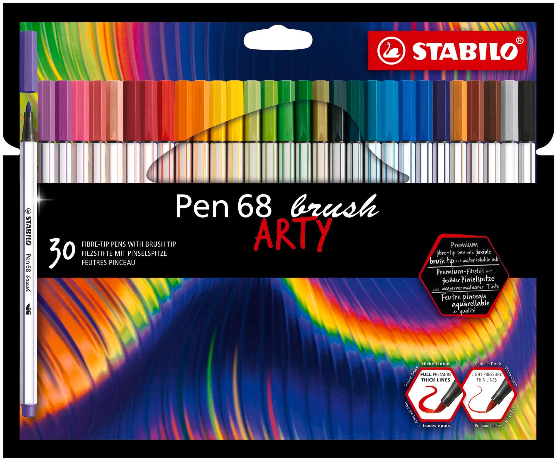 STABILO - Pen 68 brush - Premium Fibre-Tip Pen with Brush Tip - ARTY - Pack of 30 - Assorted colors