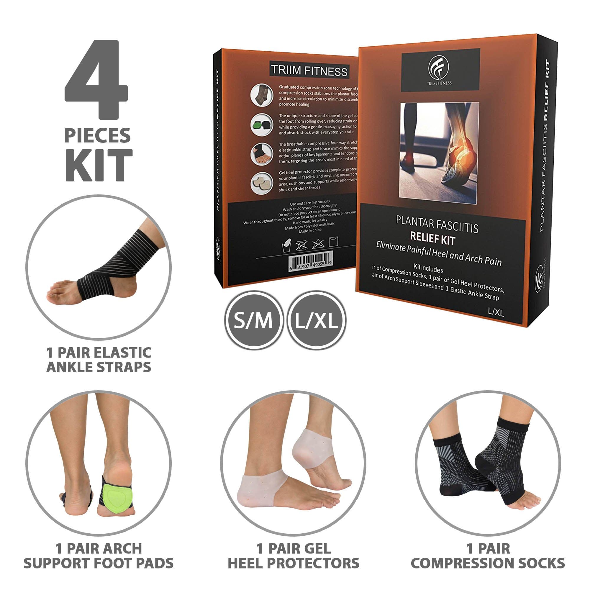 Plantar Fasciitis Relief Kit -Heel & arch pads, ankle brace & compression socks