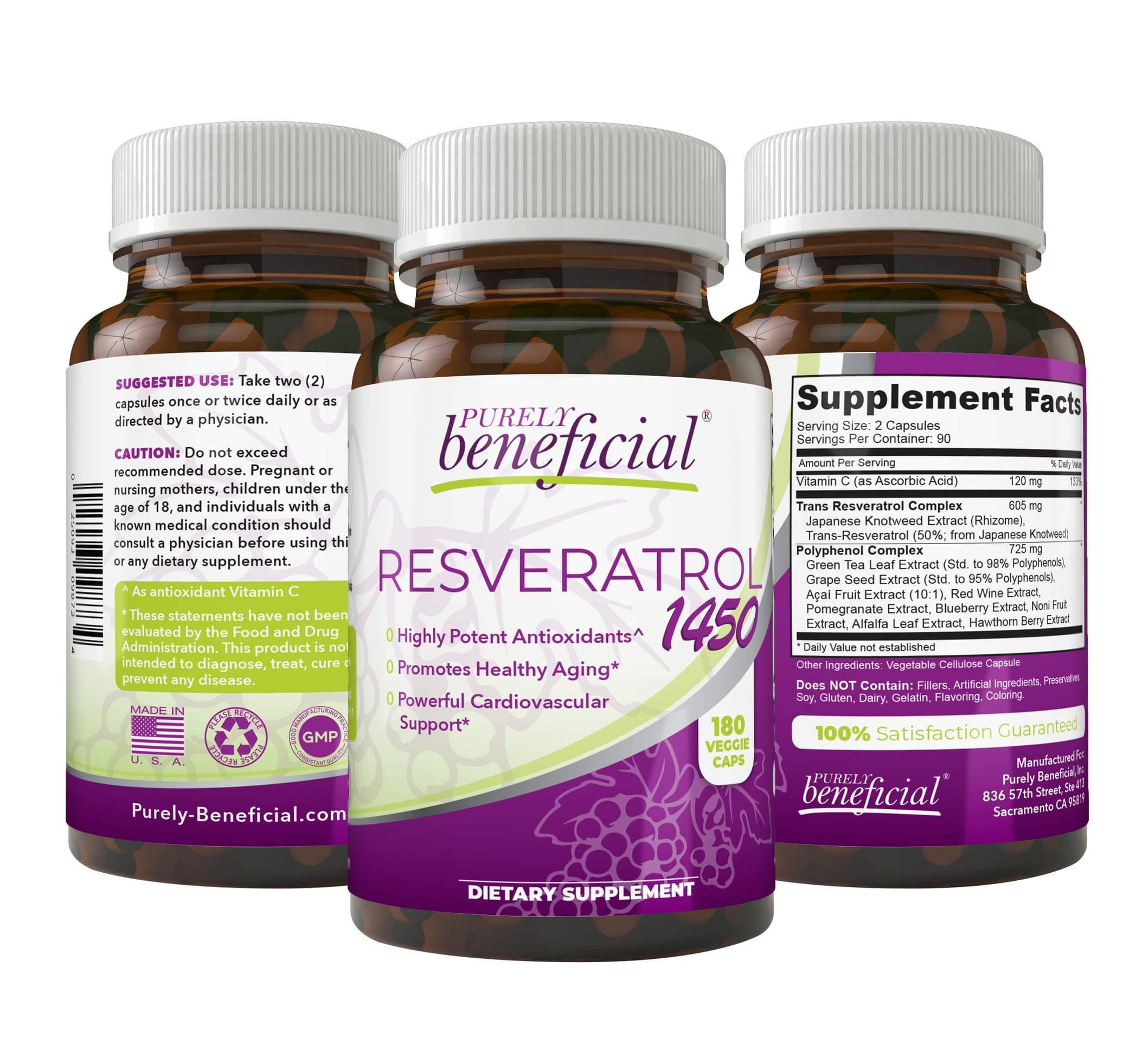 PURELY beneficial RESVERATROL1450-90day Supply, 1450mg per Serving of Potent Antioxidants & Trans-Resveratrol, Promotes Anti-Aging, Cardiovascular Support, Maximum Benefits(1bottle)