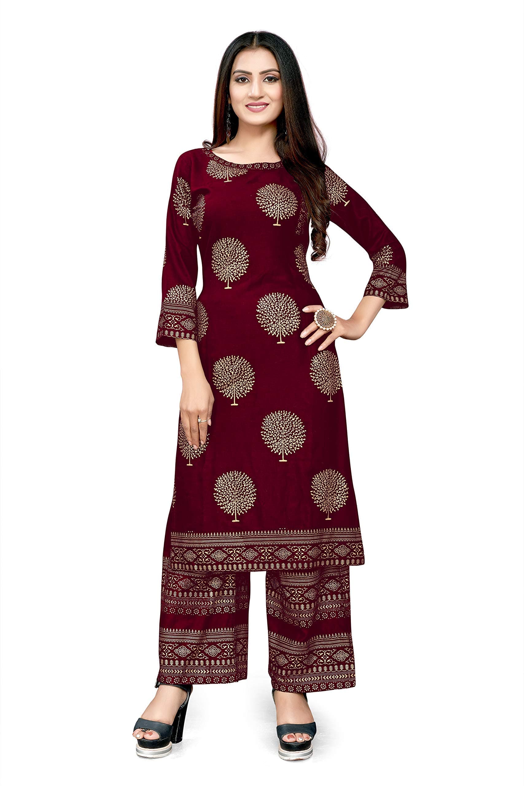 Fashion SAYWomen's Crepe Straight Gold Printed Kurti | Kurta Palazzo Set (Multicolor) - P