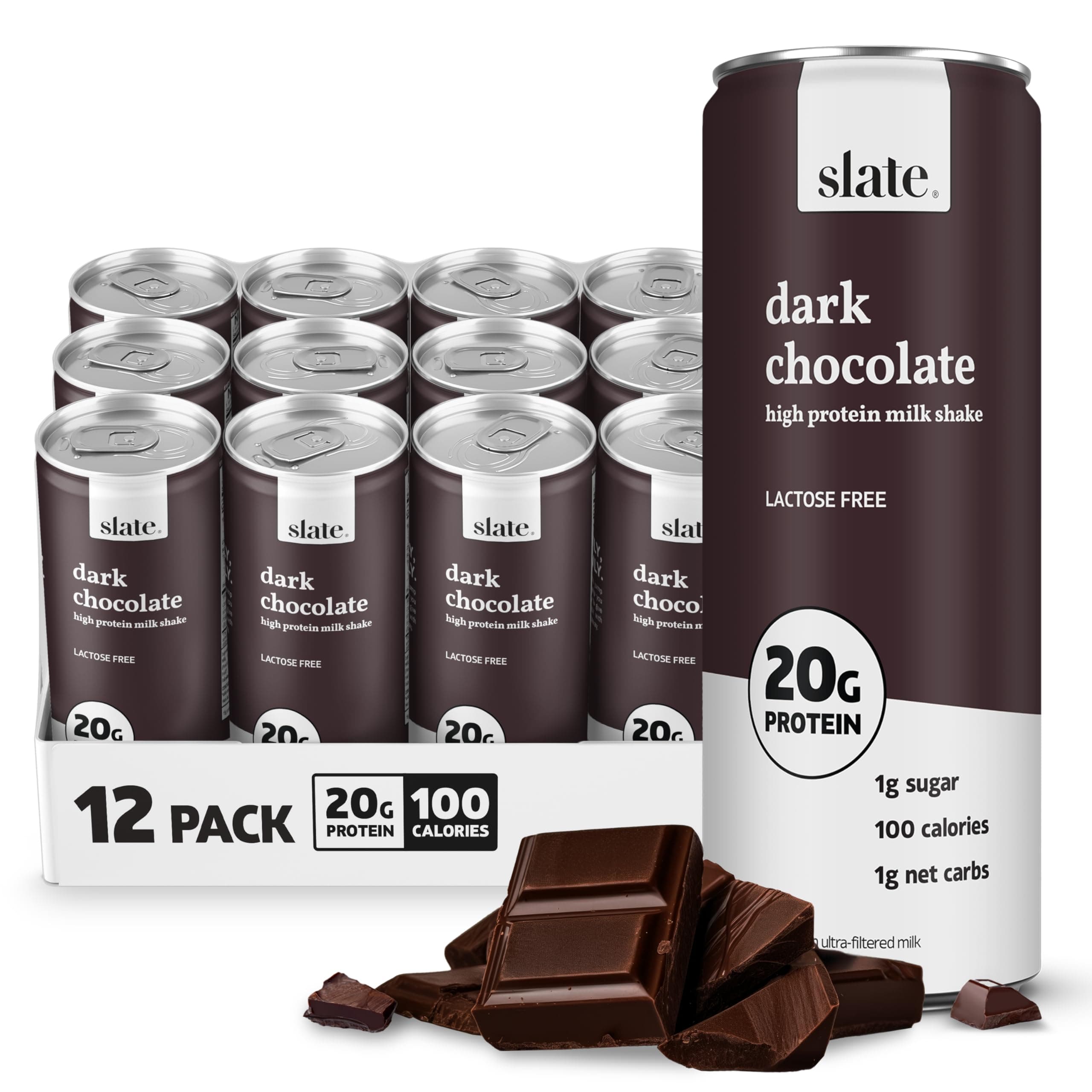 Slate Milk - High Protein Milk Shake - Dark Chocolate - Lactose Free, 20g Protein, 1g Sugar, 100 Calories, 1g Net Carbs, No Added Sugar - Natural, Breakfast Boost, Post Workout - 11 fl oz, 12 Cans