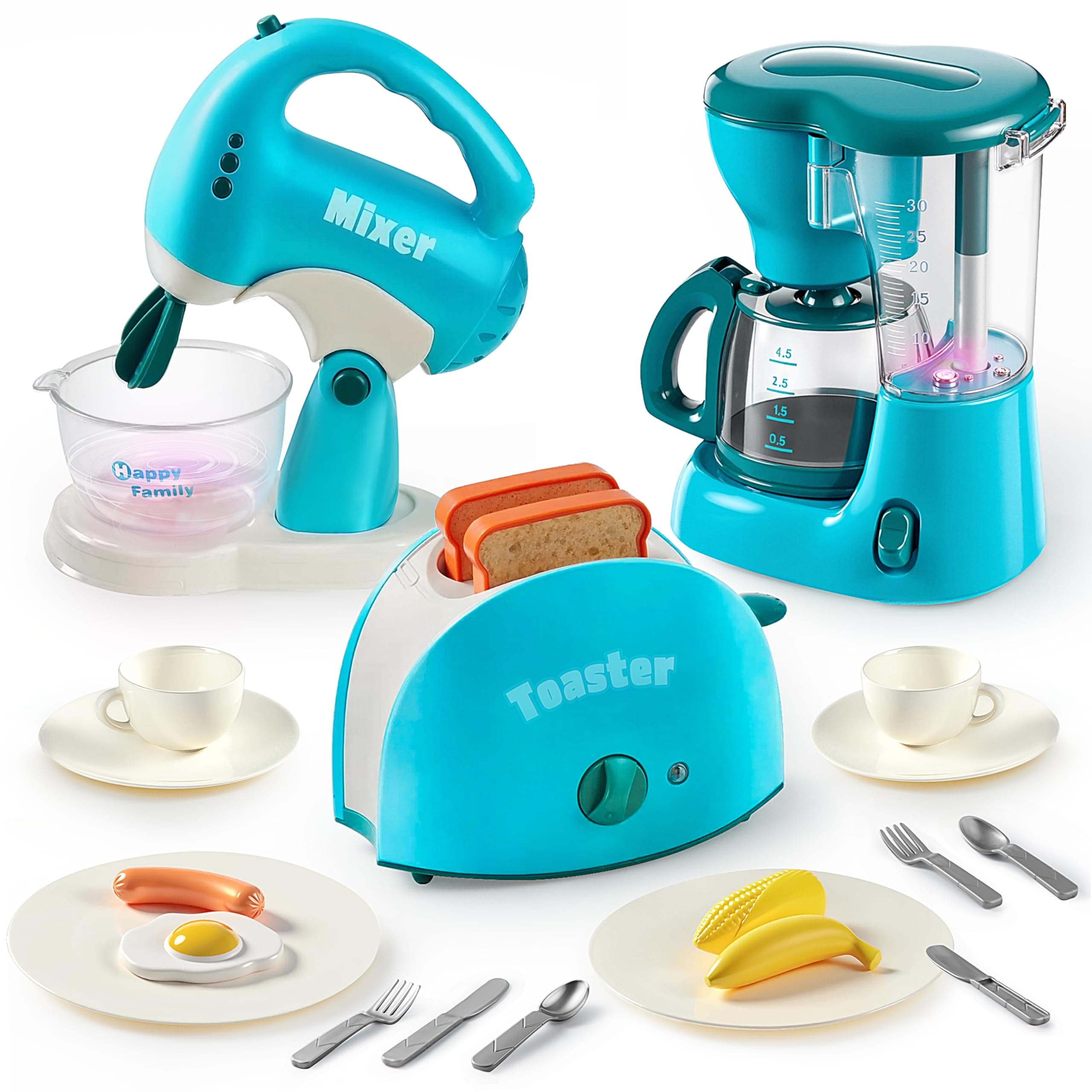 JOYIN 30+ pcs Pretend Play Kitchen Toys Set for Toddlers, Toy Appliances with Coffee Maker, Mixer & Toaster, Realistic Lights & Sounds, Birthday Gift for Kids Ages 3+, blue