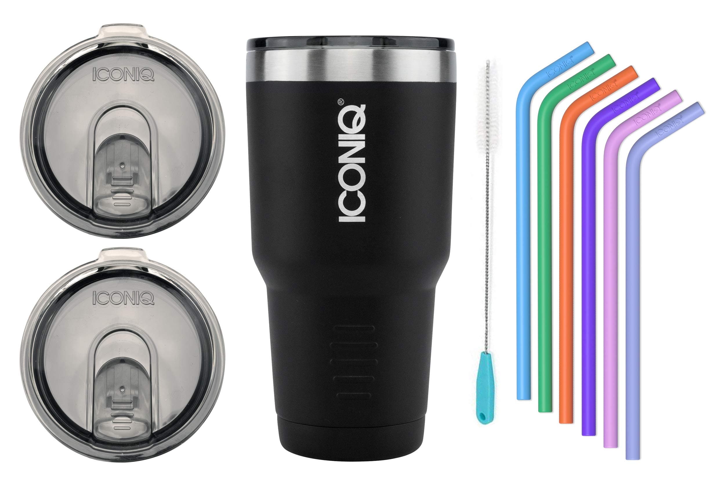 ICONIQ Stainless Steel Vacuum Insulated Tumbler | 30 Ounce | Includes 2 Spill Proof Lids and Set of 6 Reusable Silicone Straws (Black)