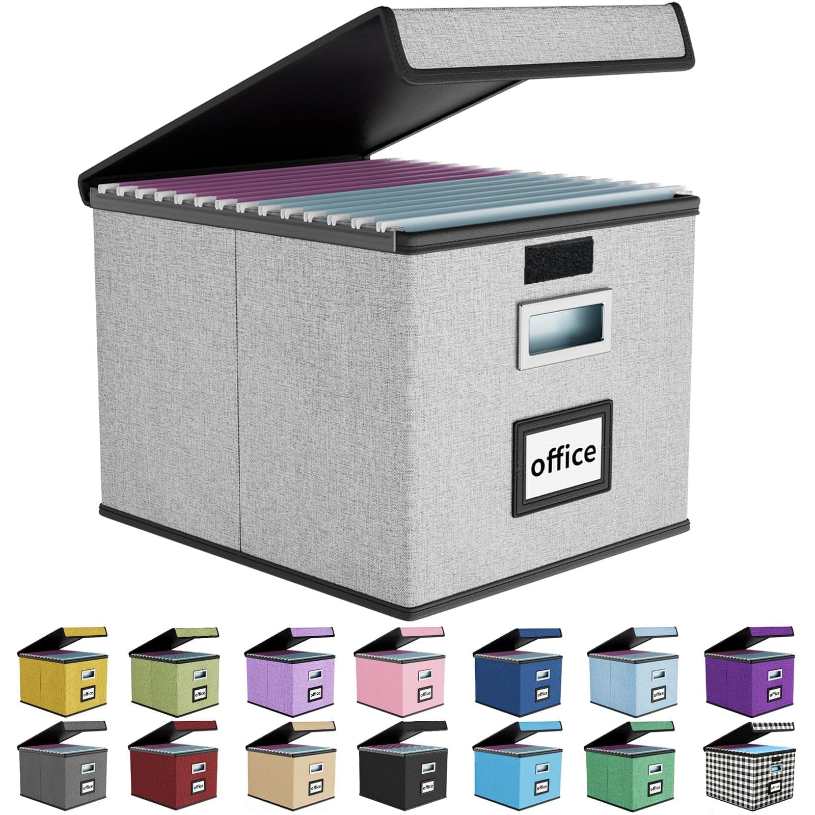 Huolewa Upgraded Portable File Organizer Box with Lid with Plastic Slide, Decorative Collapsible Linen Hanging Home/Office Filing System Box for File and Folders Storage (Gray)