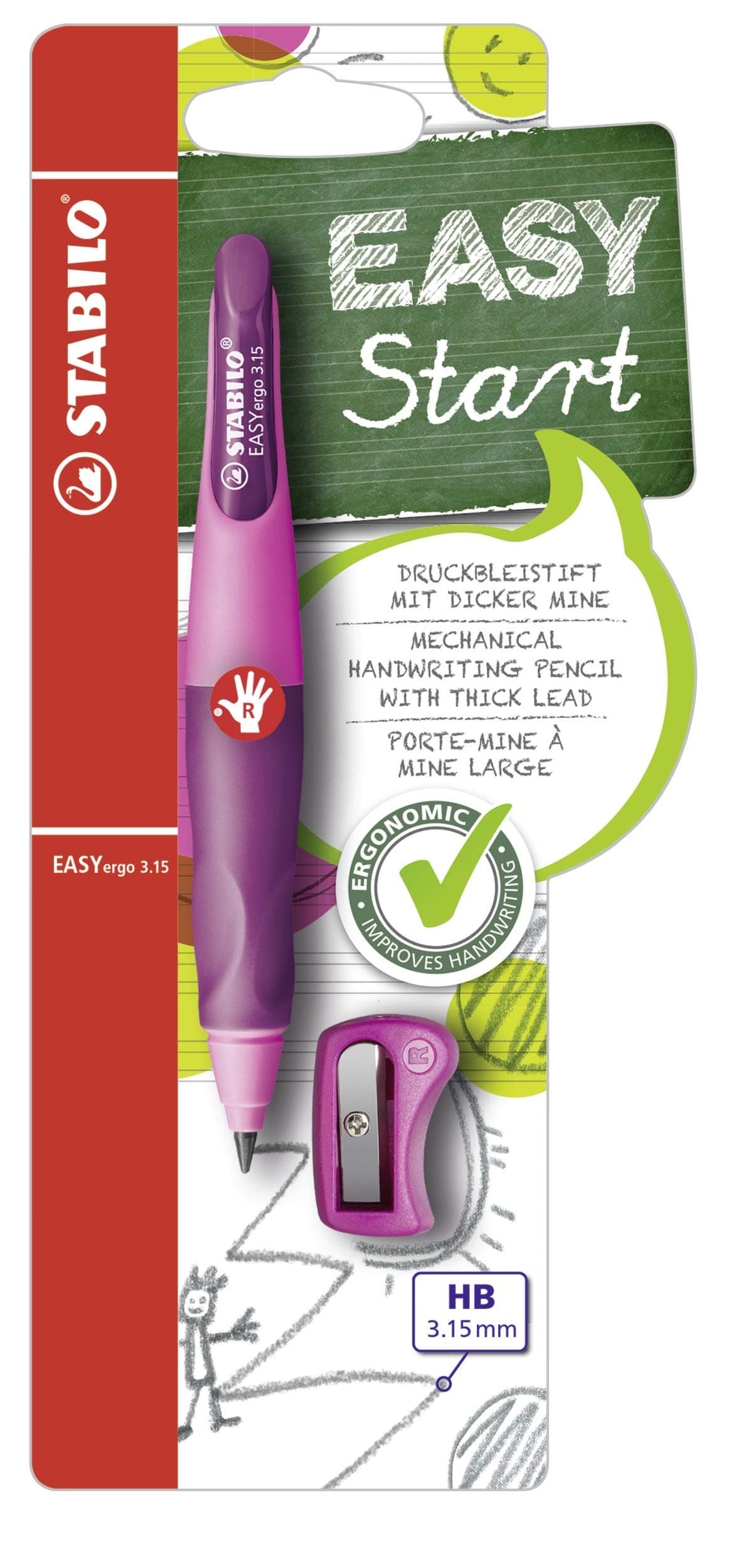 EASYergo 3.15 - Ergonomic Mechanical Pencil - Right-Handed - Pack of 1 - Pink/Lilac with Sharpener