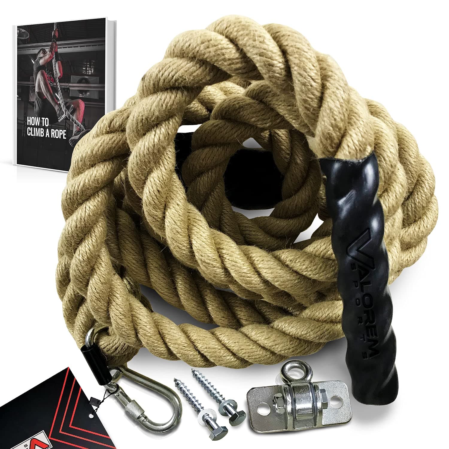 Easy-Install Gym Climbing Rope with Mounting Hardware for Fitness and Strength Training, Military Exercise and Home Gym Workouts, Indoor and Outdoor, 1.5" Thickness, Length Available: 15/20/25 Feet