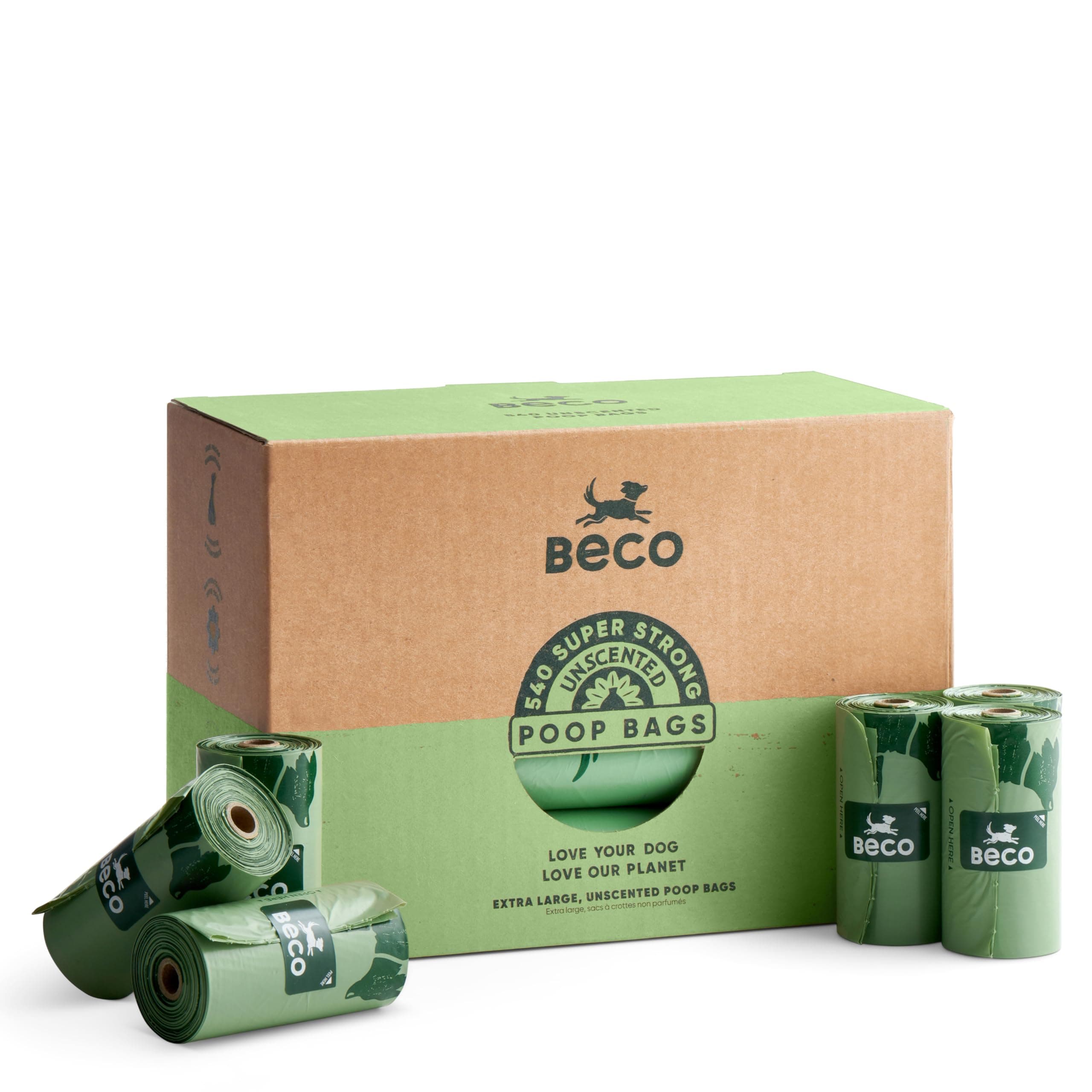 Beco Dog Poo Bags - Strong, Leakproof & Large - 100% Recycled Plastic, Extra Thick Dog Poop Bags, Heavy Duty - Unscented Refill Rolls, 540 Count