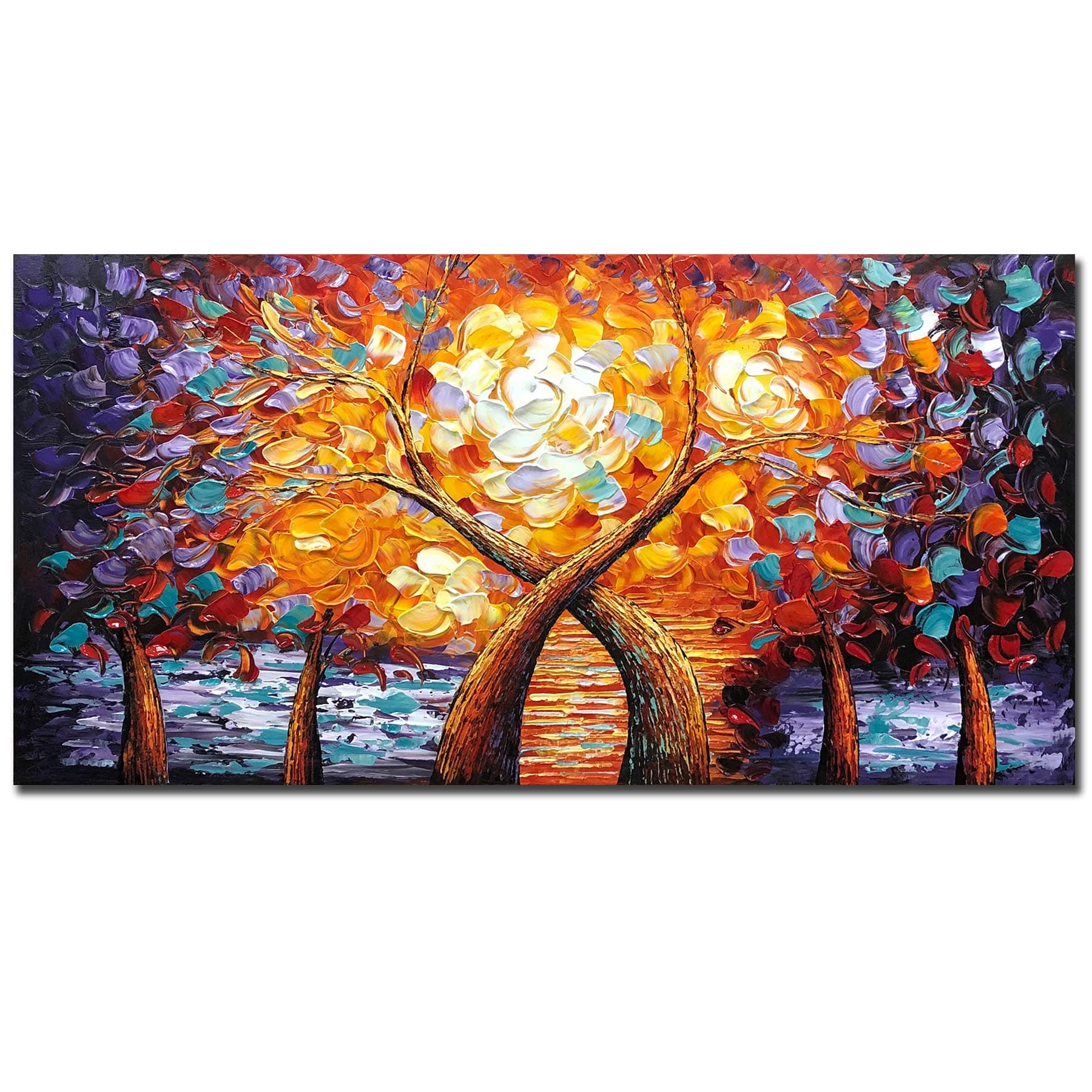 V-inspire art, 24 X 48 Inch Modern Tree art landscape Canvas Wall art Oil Painting Living room Bedroom Hand Painted Paintings Orange yellow Wall Decoration Acrylic Paint Knife Painting