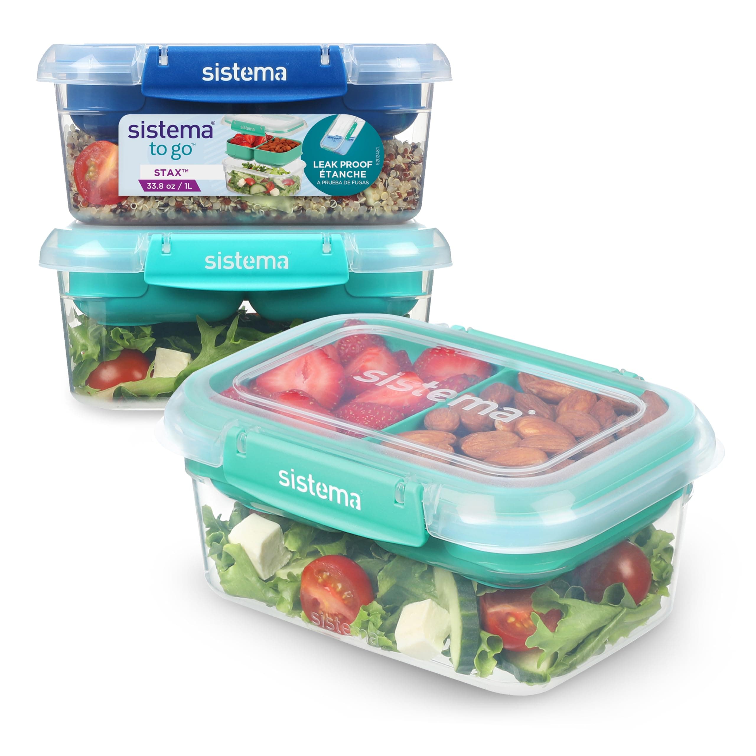 Sistema To Go Stax Food Storage Containers | 1L | Set of 3 Airtight Containers with Compartments | Leak Proof Seal | Easy Locking Clip | BPA Free