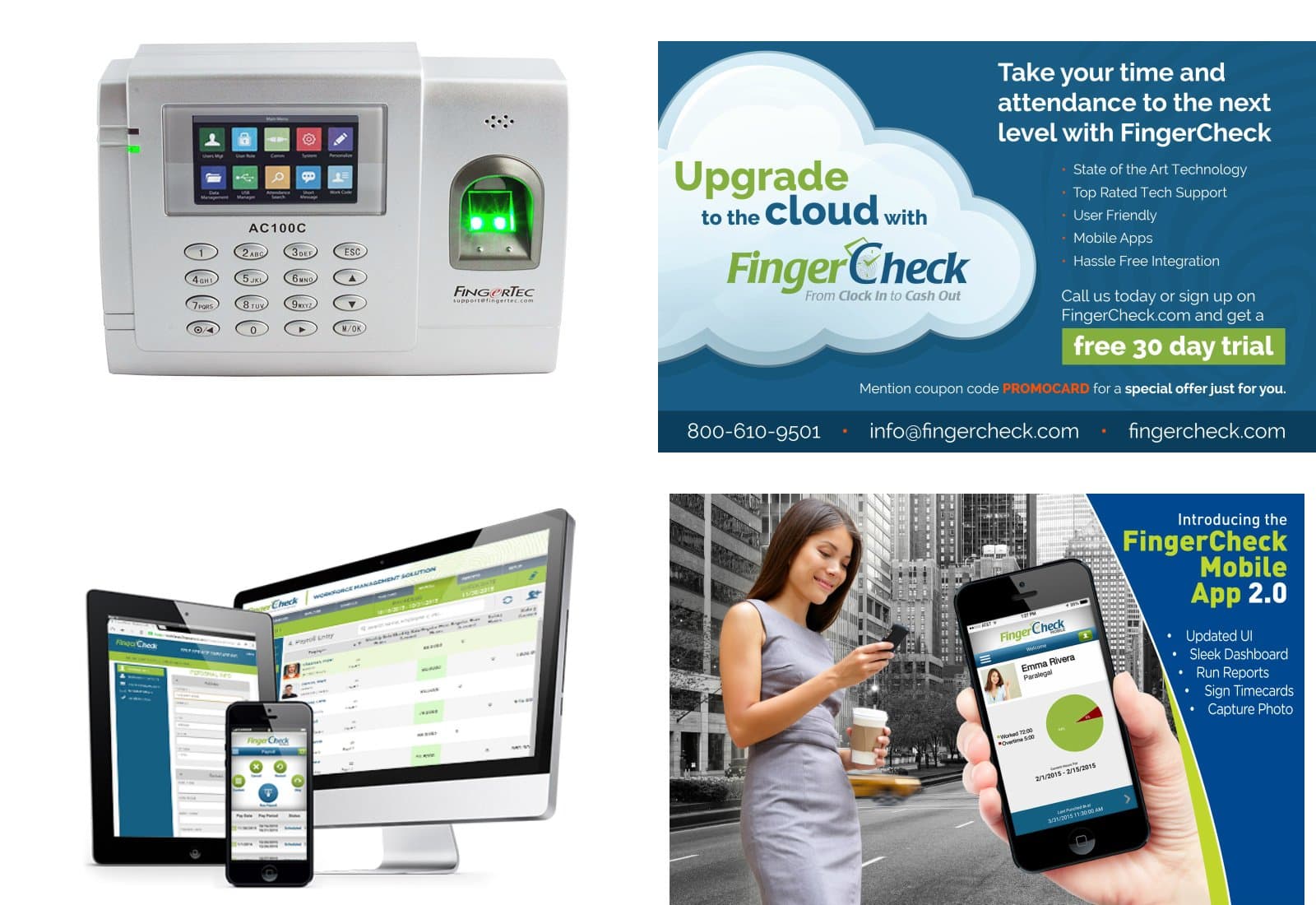 AC100C - Biometric Fingerprint Employee Time Clock / Optional upgrade to subscription based online software, FingerCheck