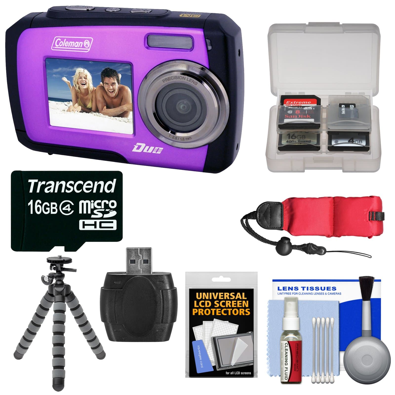 Duo 2V7WP Dual Screen Shock & Waterproof Digital Camera (Purple) with 16GB Card & Reader + Float Strap + Flex Tripod + Kit