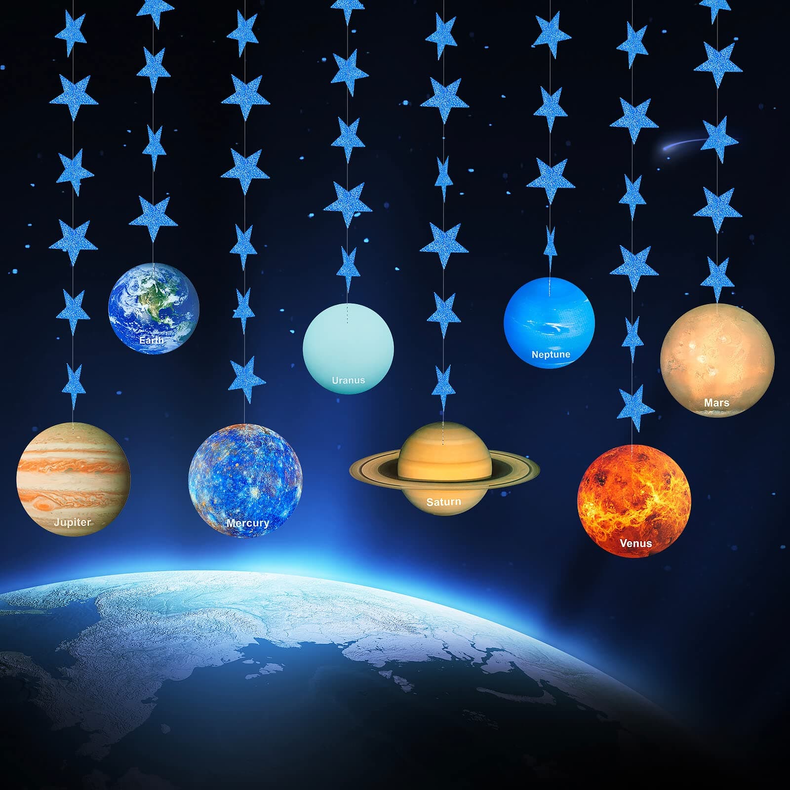 SONGTIY Solar System Decoration Banner, Eight Planet Garland with Blue Shimmer Star, Premium Paper Galaxy Outer Space Garland for Kids Bedroom Decor, Astronaut Birthday Party Supplies,