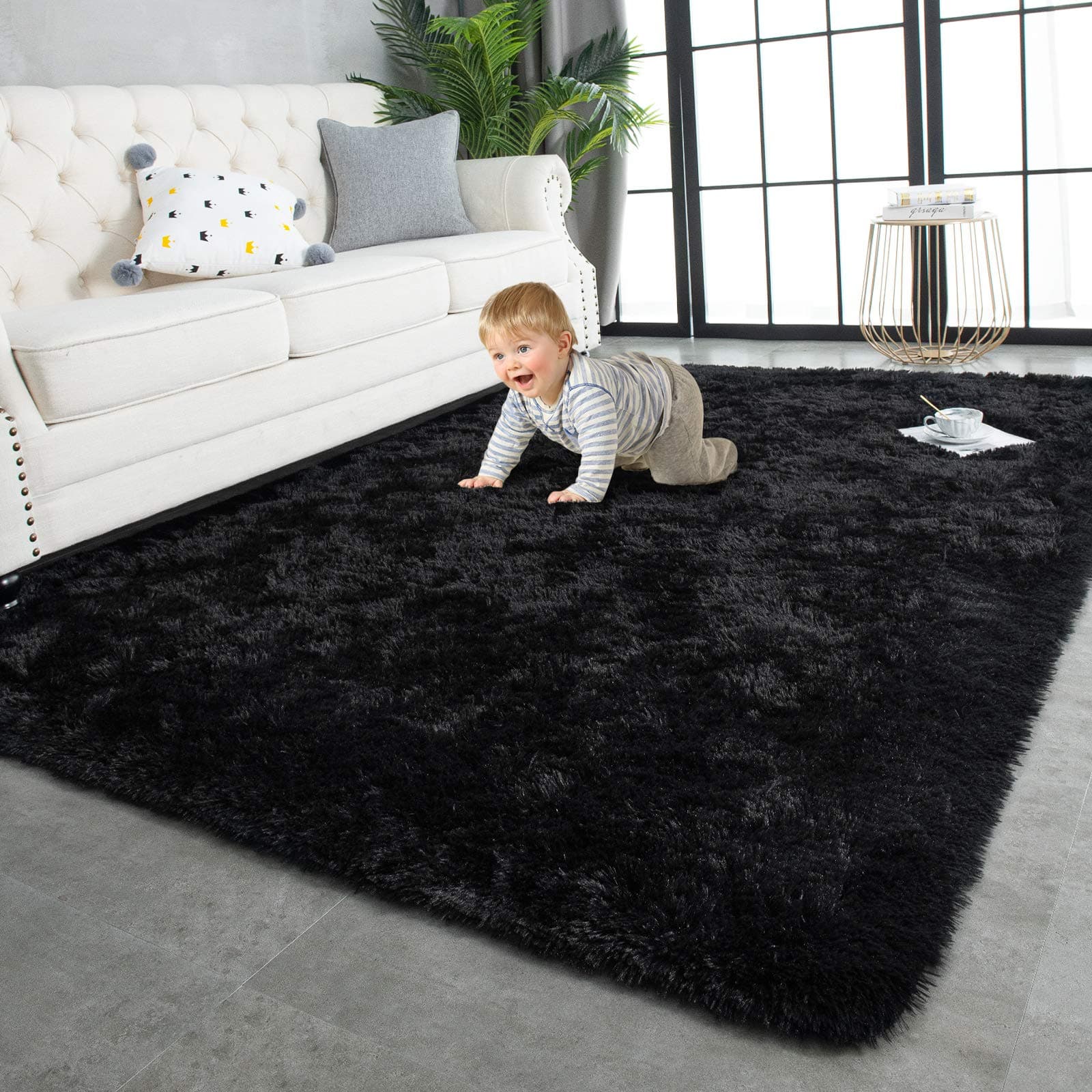 TWINNIS Super Soft Shaggy Rugs Fluffy Carpets, 3x5 Feet, Indoor Modern Plush Area Rugs for Living Room Bedroom Kids Room Nursery Home Decor, Upgrade Anti-Skid Rectangular Fuzzy Rug, Black