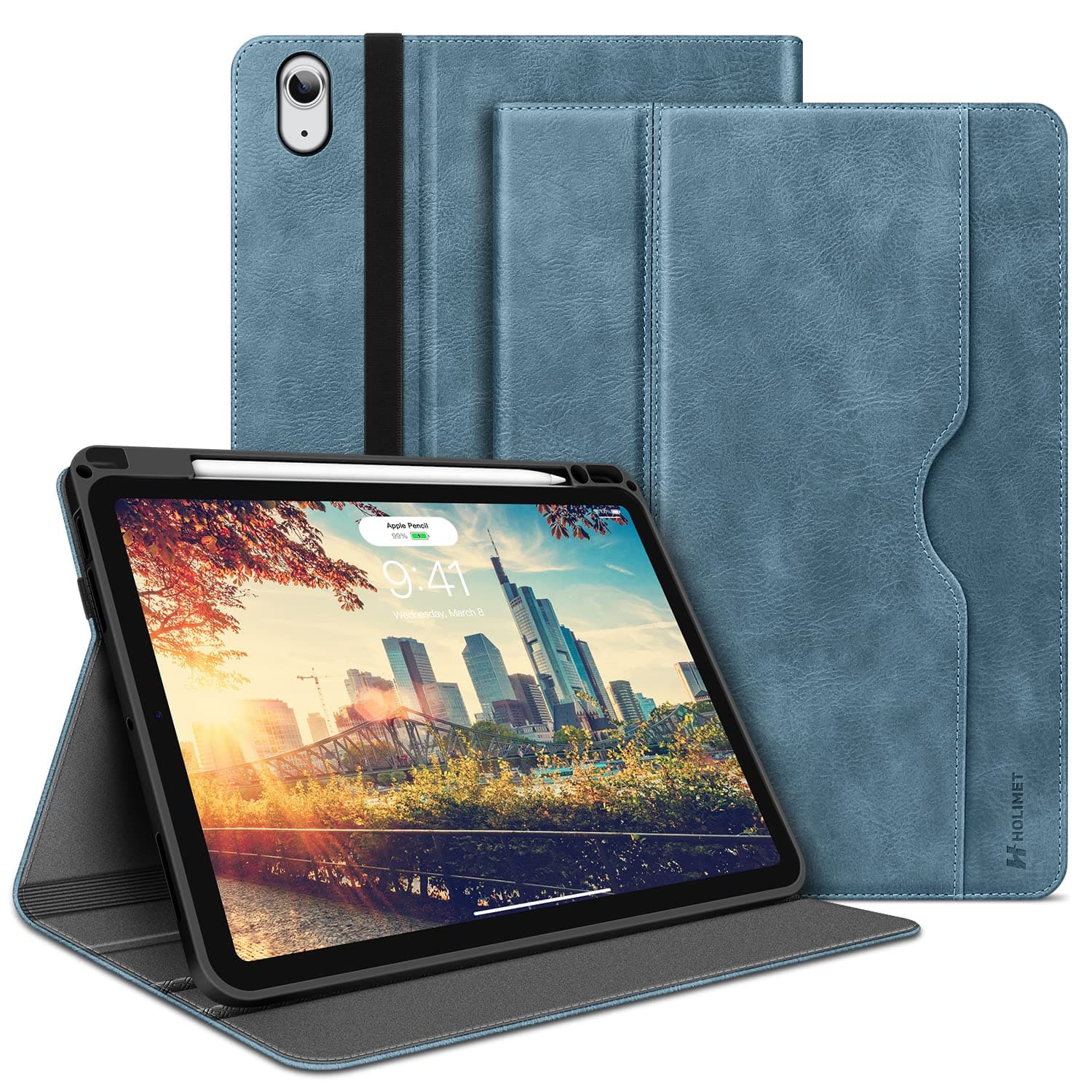 H HOLIMET Case for iPad Air 13 Inch Case M3 2025/M2 2024 with Pencil Holder Shockproof Folio Cover, Auto Sleep/Wake, Vegan Leather (Blue)