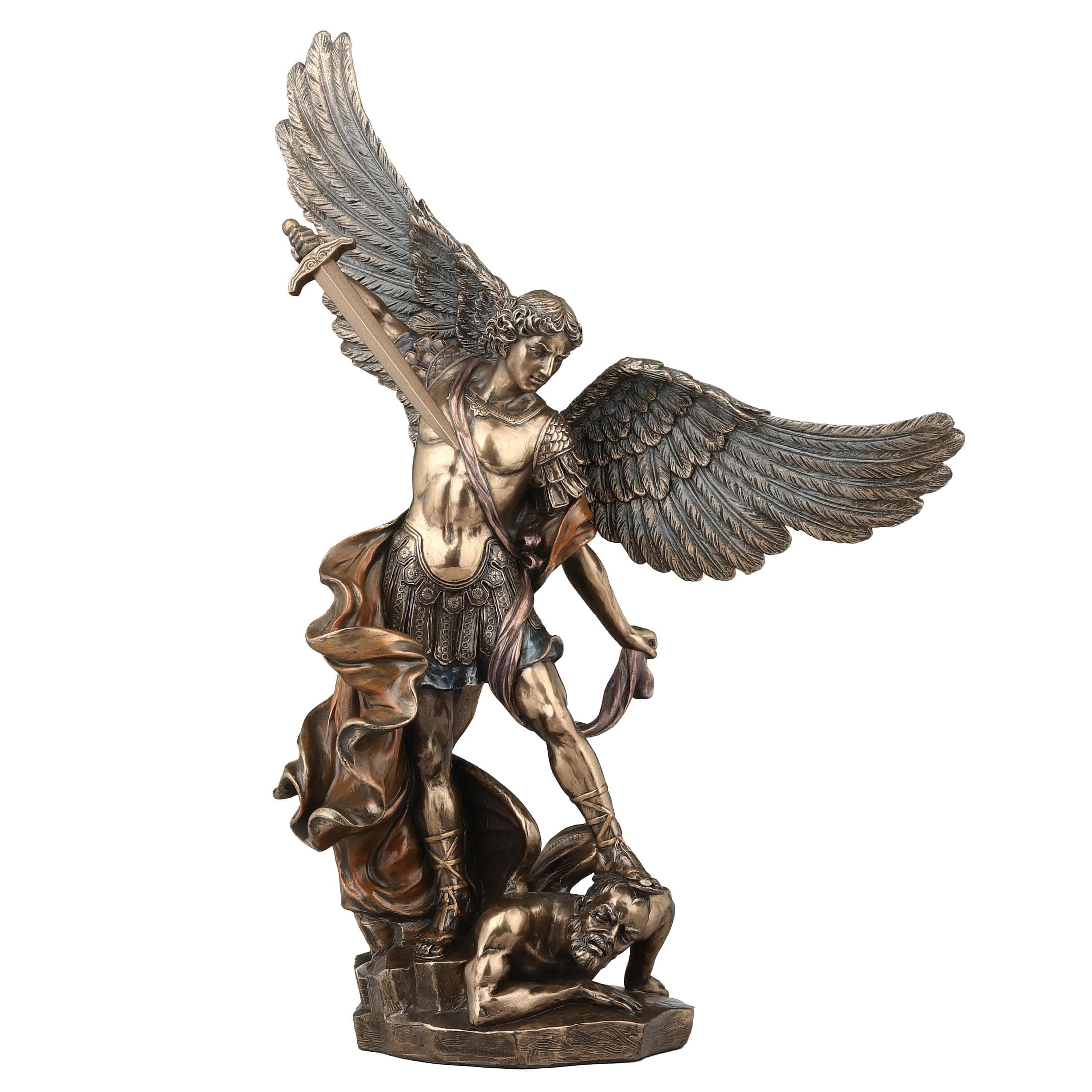 Unicorn Studio Veronese Design 14 1/8 Inch Archangel Saint Michael Tramples Demon Religious Sculpture Defeating Lucifer Resin Statue Bronze Finish