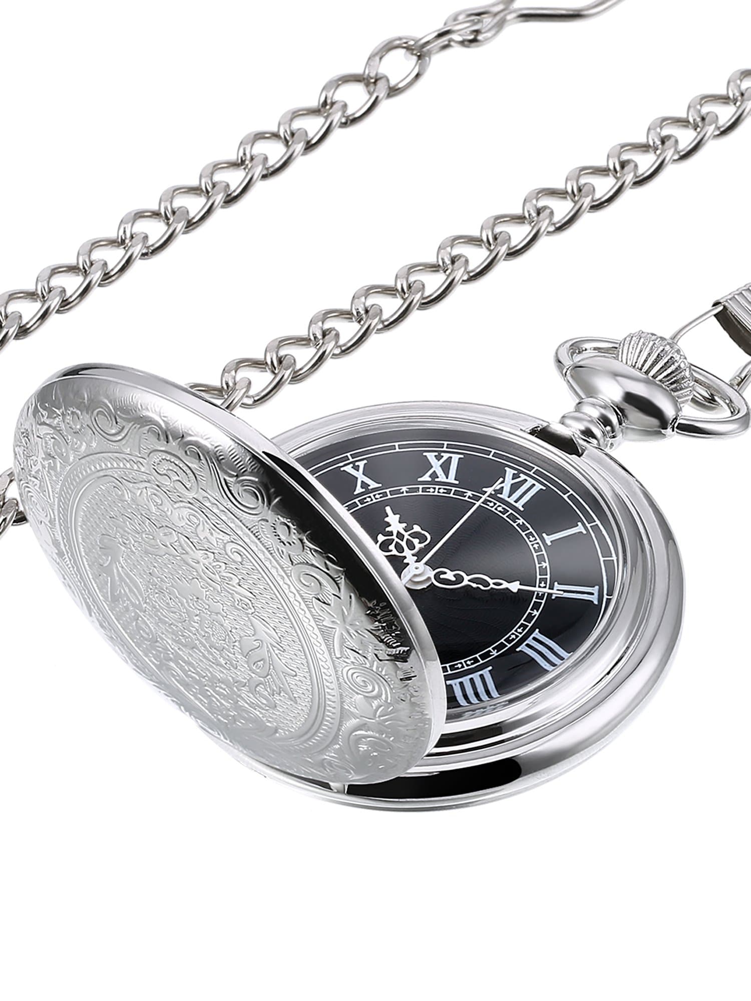 Men's Quartz Pocket Watch with Black Dial and Chain