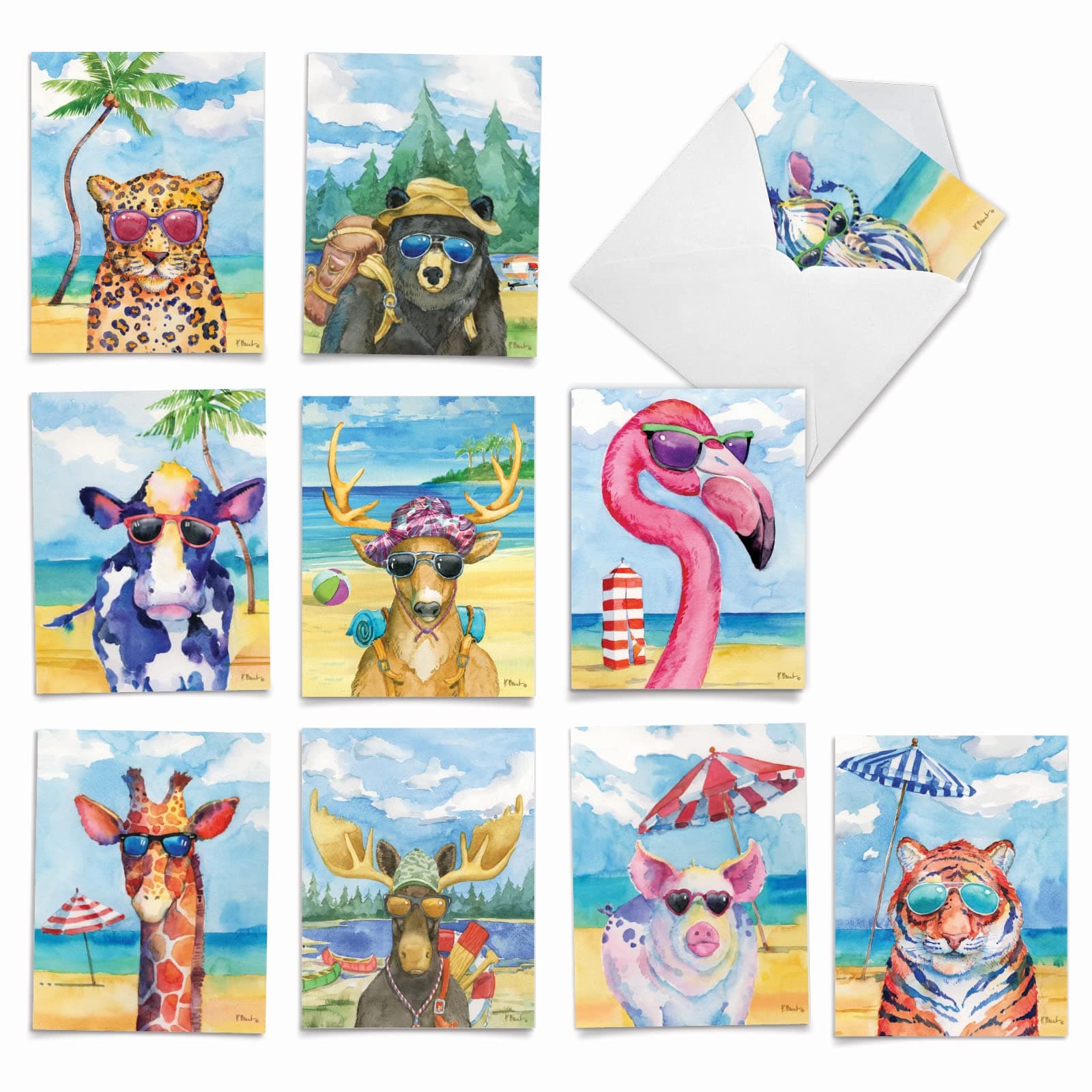 Animal's Day Off: 10 Assorted Blank All Occasions Cards Showing Vacationing Creatures Enjoying Time Abroad, with Envelopes. AM6670OCB-B1x10