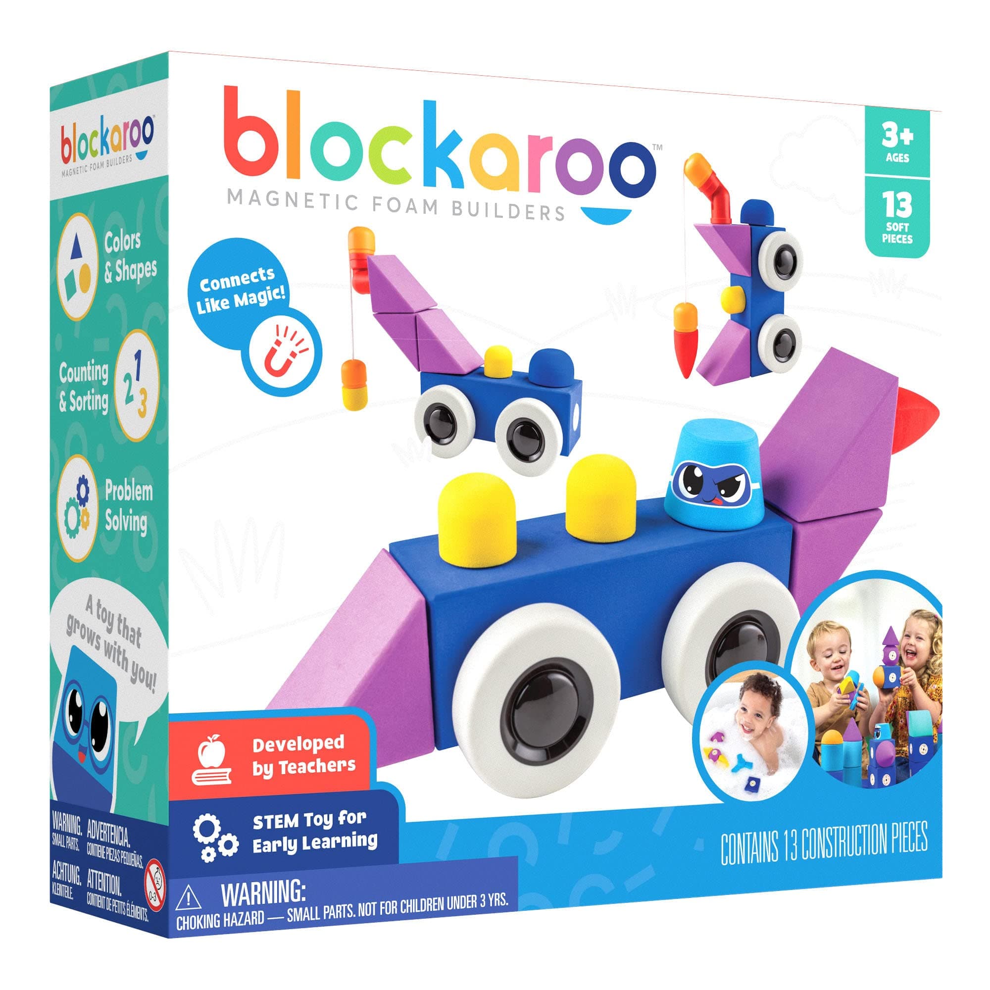 Blockaroo Magnetic Foam Building Blocks - 13-Piece Roadster, Bath Toys for Toddlers, Preschool Toys, Bathtub Toys, Sensory Toys, Blocks for Toddlers 3-5, Engineering Toys for Kids 3-5, Bath Blocks