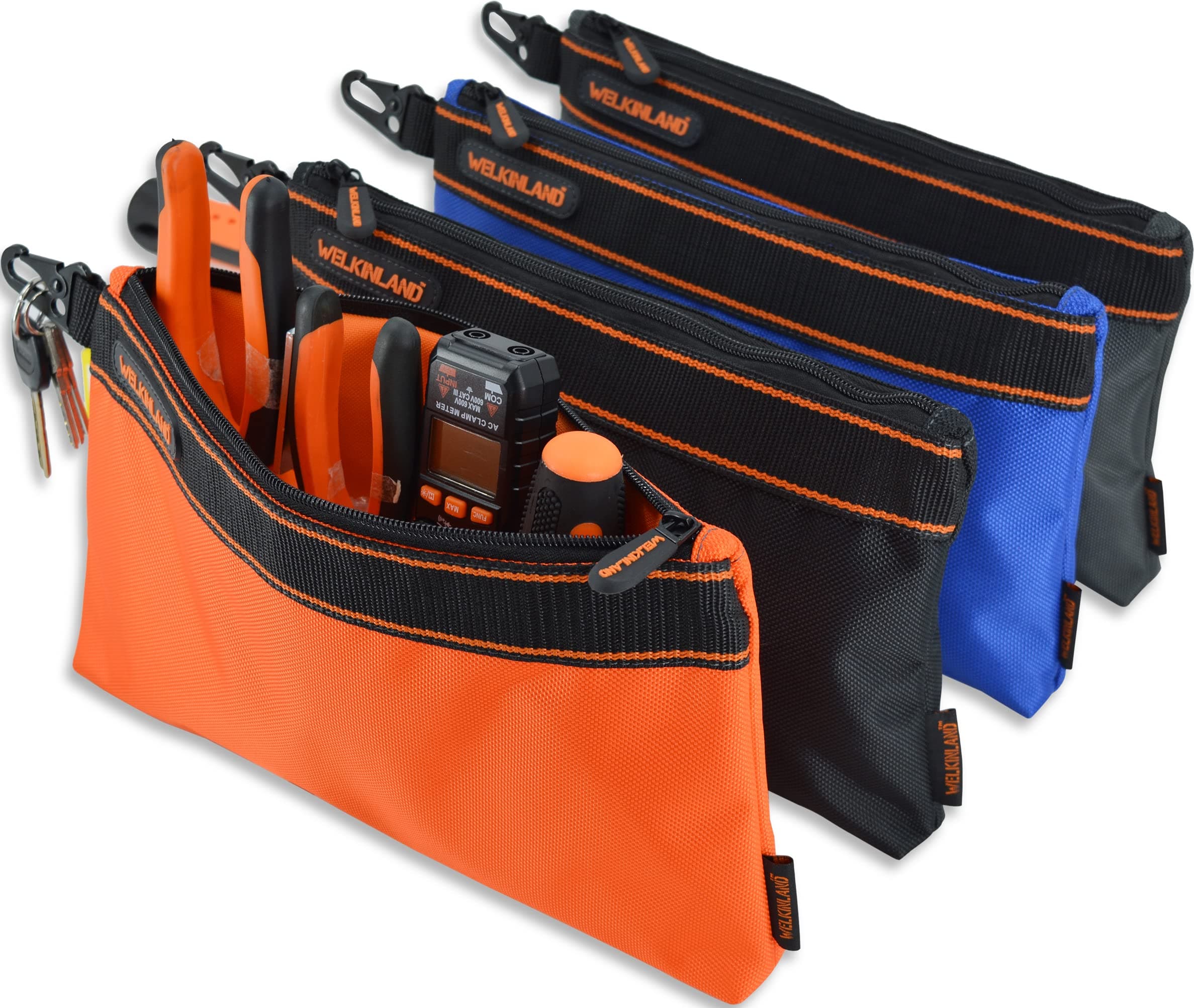 WELKINLAND 4-Packs Small tool pouch, Heavy-Duty Tool pouches, Electrician tools pouch bag, Tools pouches w/clip, Small Zippered tool bag