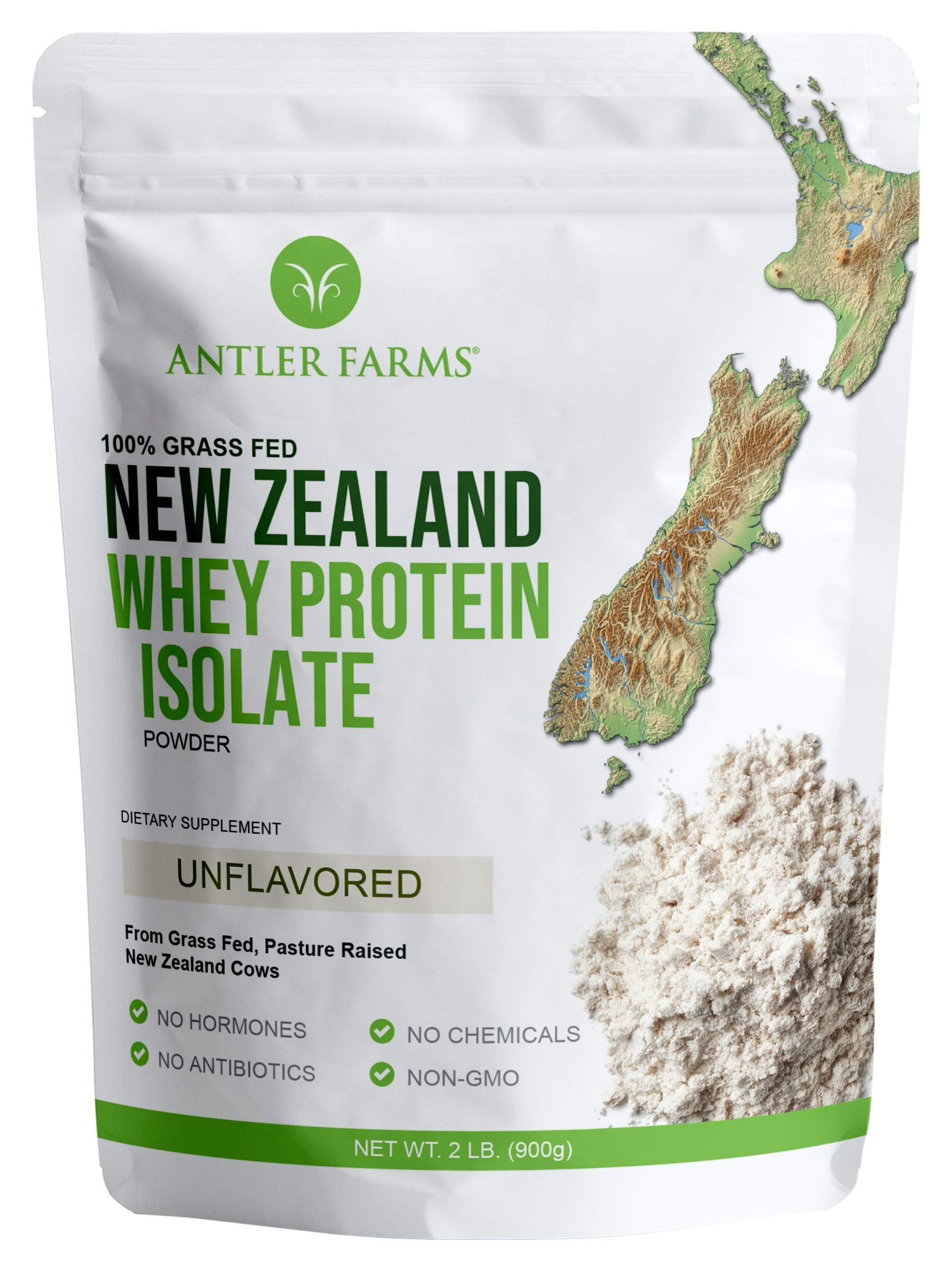 Antler Farms - 100% Grass Fed New Zealand Whey Protein Isolate, Unflavored, 2 lbs - Pure and Clean, 2 Ingredients, Delicious, Cold Processed
