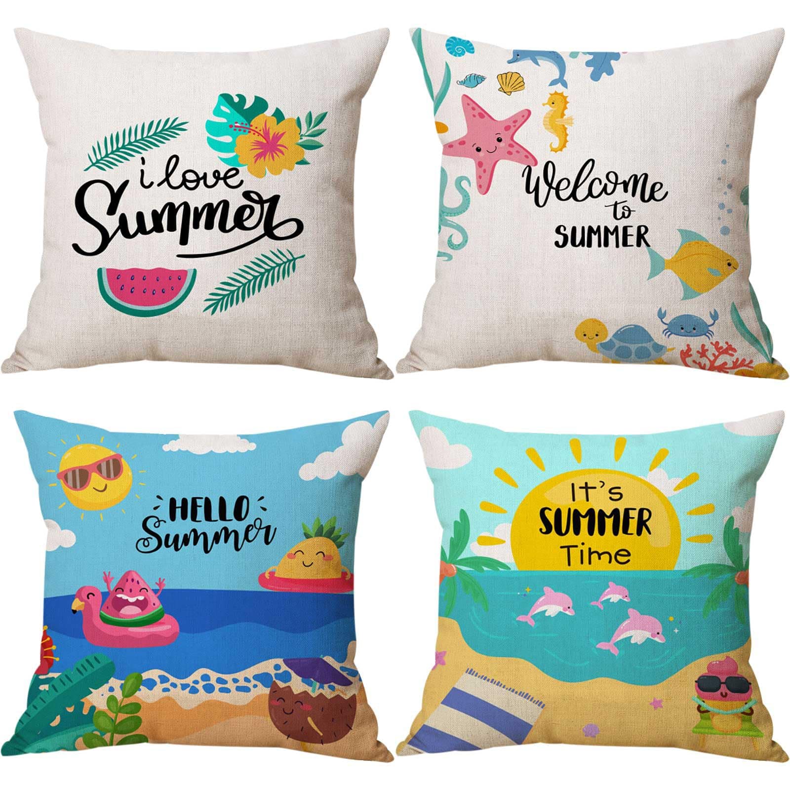 LYNKOCushion Covers 45 x 45cm,Set of 4 Linen Pillow Covers Spring Summer Decorations Green Plants Beach for Sofa, Outdoor Garden, Bed, Couch, Car