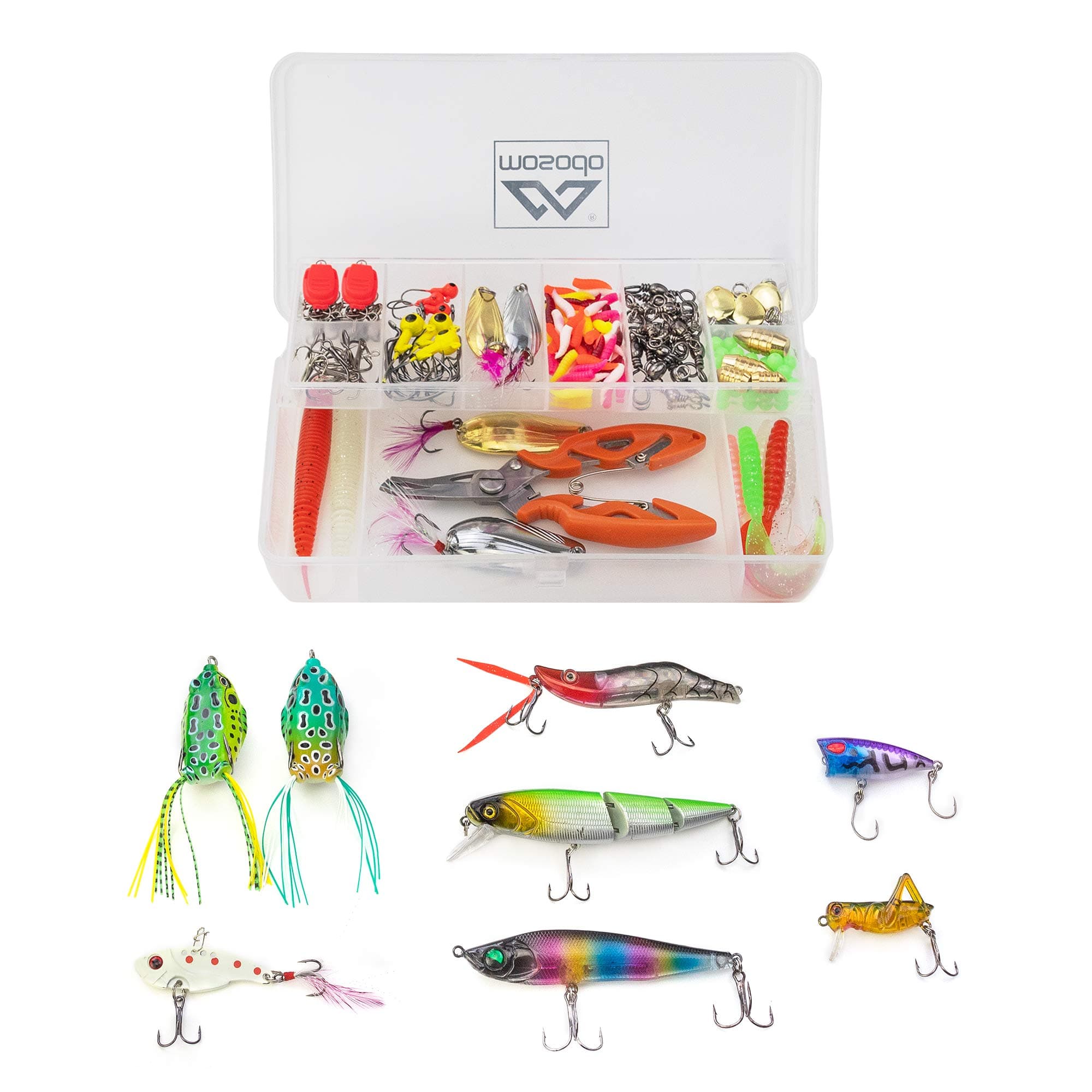 MOSODO Fishing Accessories Lure Box │180 Pieces of Hard Lures, Soft Lures, Minnow Lures, Worm Lures, Fishing Weights, Sinkers, Treble Hooks, Jig Heads, Snap Swivels, Fishing Baits, Pliers, and more!